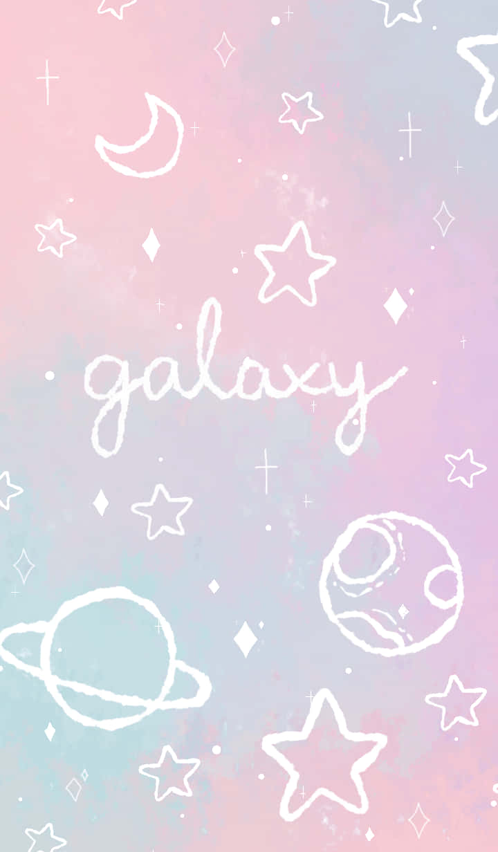 銀河 桌布 壁紙 — 粉彩漸變天空，帶有白色輪廓星星、行星和彎月，以及手寫銀河文字。