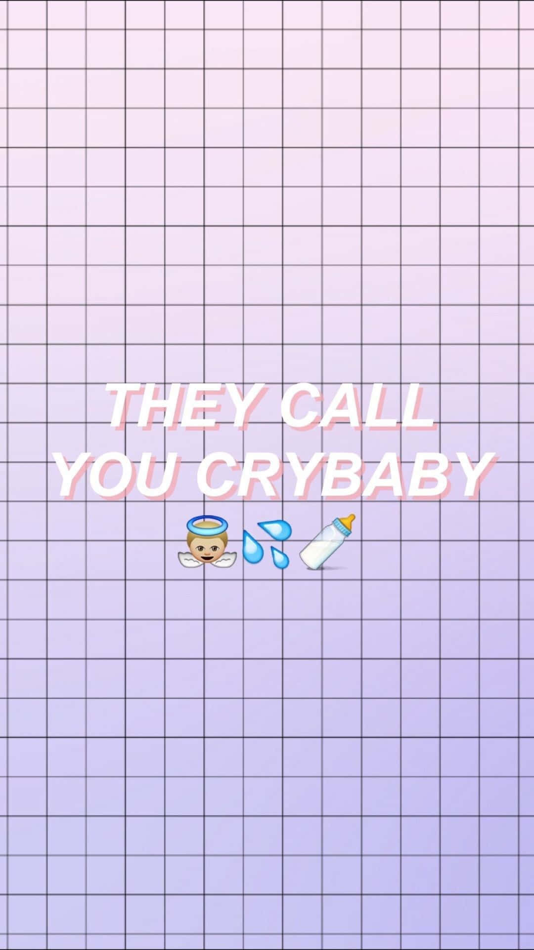 grid 桌布 壁紙 — 粉彩漸變網格背景，附有文字 they call you crybaby 和嬰兒表情符號。