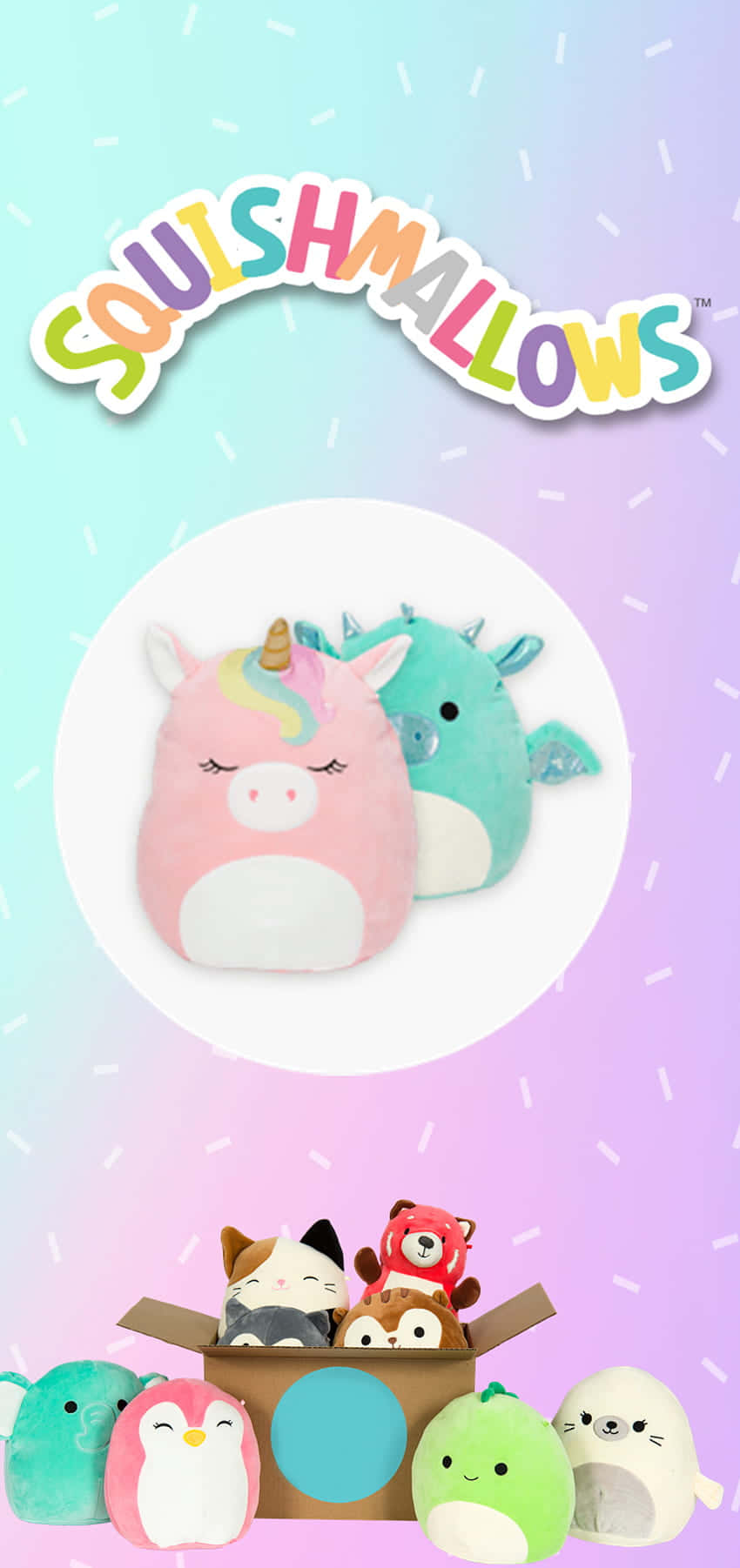 色彩繽紛的Squishmallows毛絨玩具系列，包括獨角獸和龍，置於粉彩漸變背景上。 — Squishmallows 壁紙