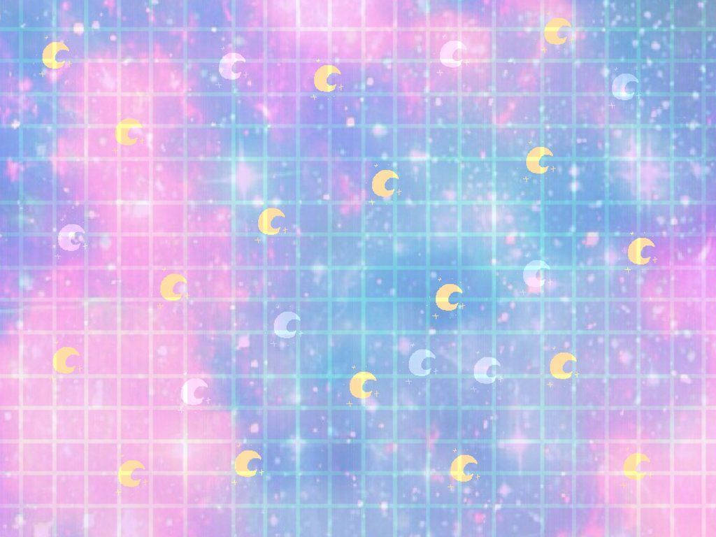 Y2K 美學 桌布 壁紙 — 粉彩粉紅和藍色宇宙背景，帶有發光的彎月和半透明網格疊加。