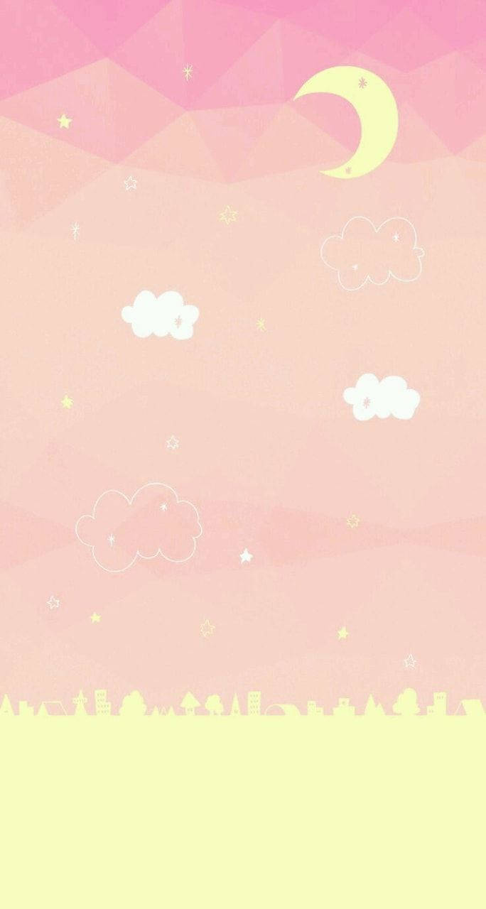 簡約手機 桌布 壁紙 — 粉彩粉紅和黃色幾何天空，新月、星星和雲朵在城市剪影之上。