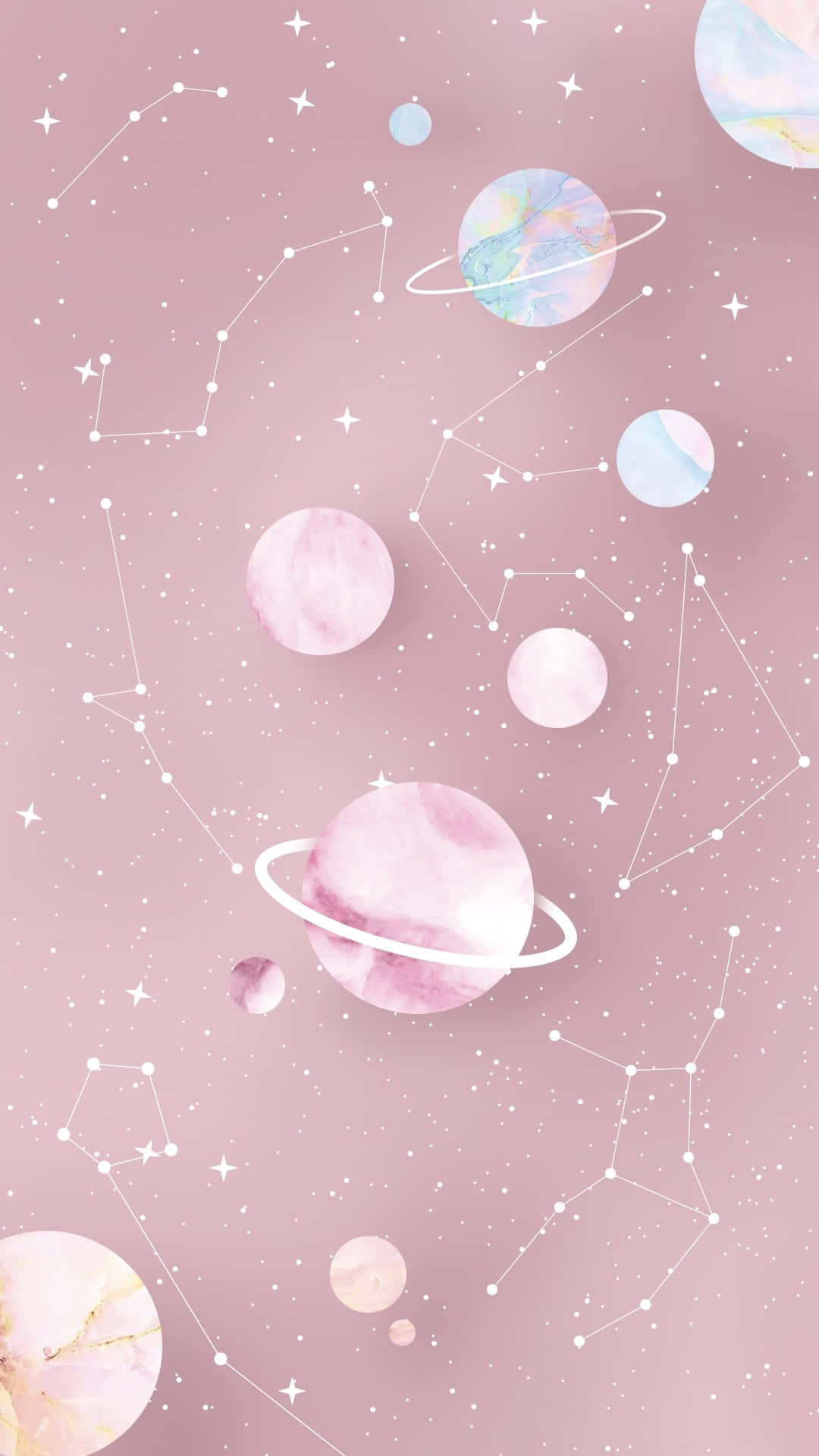 粉彩手機動圖 桌布 壁紙 — 粉彩粉紅宇宙，帶有大理石行星和發光星座，漂浮在夢幻般的天體場景中。