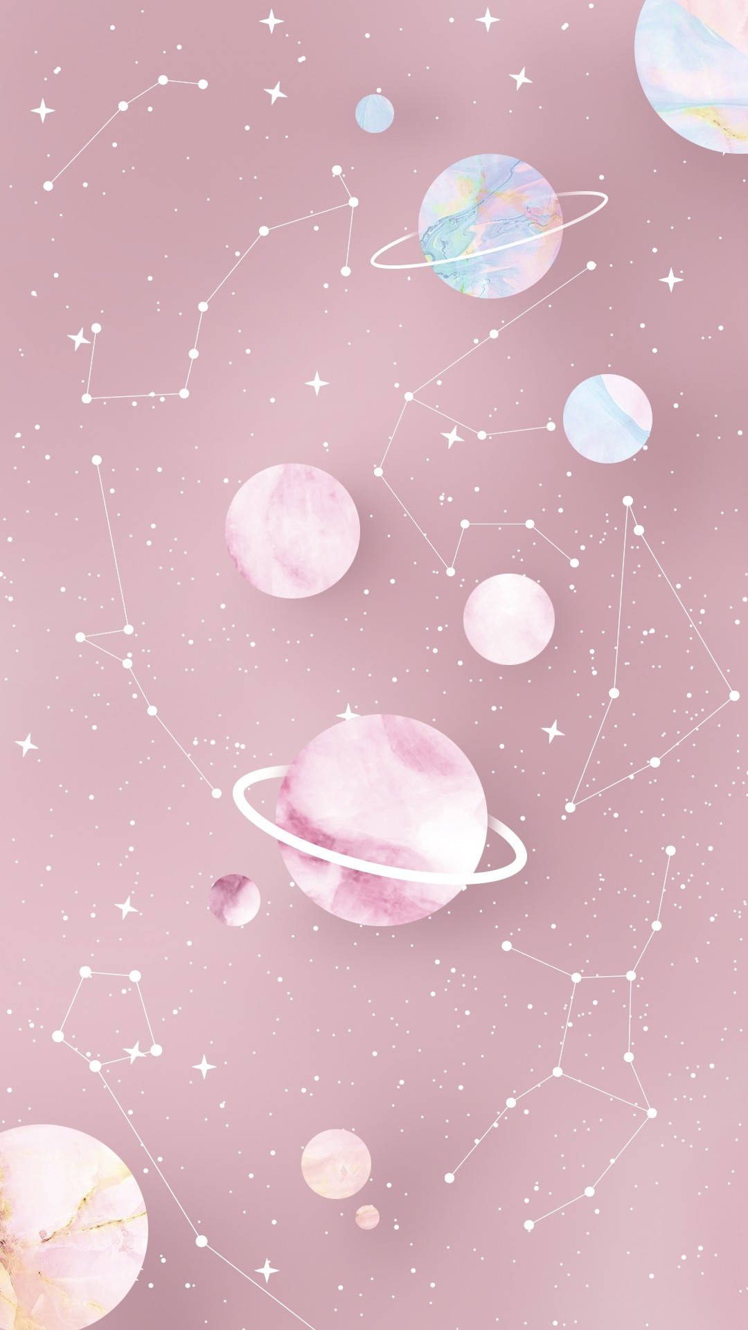 粉紅水彩行星和星座漂浮在夢幻的宇宙場景中。