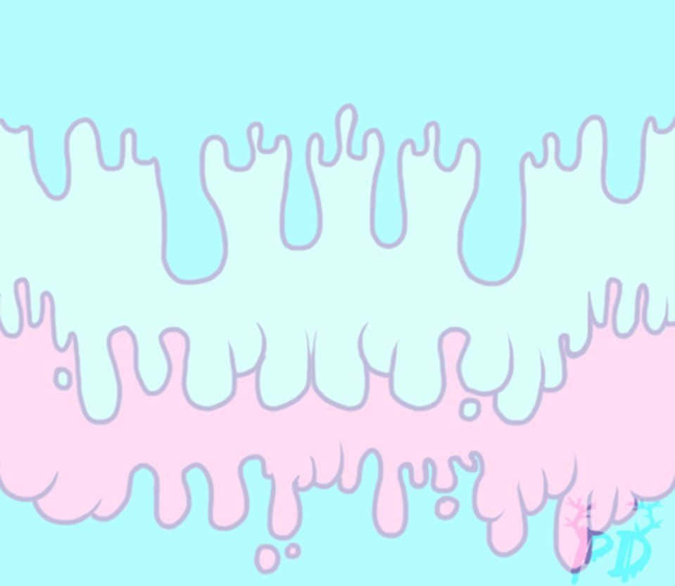 Kawaii Pastel 桌布 壁紙 — 粉彩粉紅色和藍色的水滴在漸變天空背景上以波浪線條層疊而下。