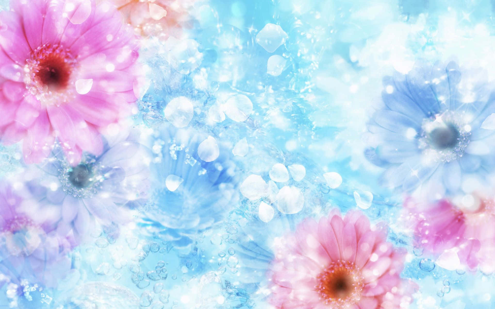 Tumblr Flowers Desktop 桌布 壁紙 — 粉彩粉紅色和藍色的花朵漂浮在閃閃發光的水性介質中，帶有發光的氣泡和柔和的光效。