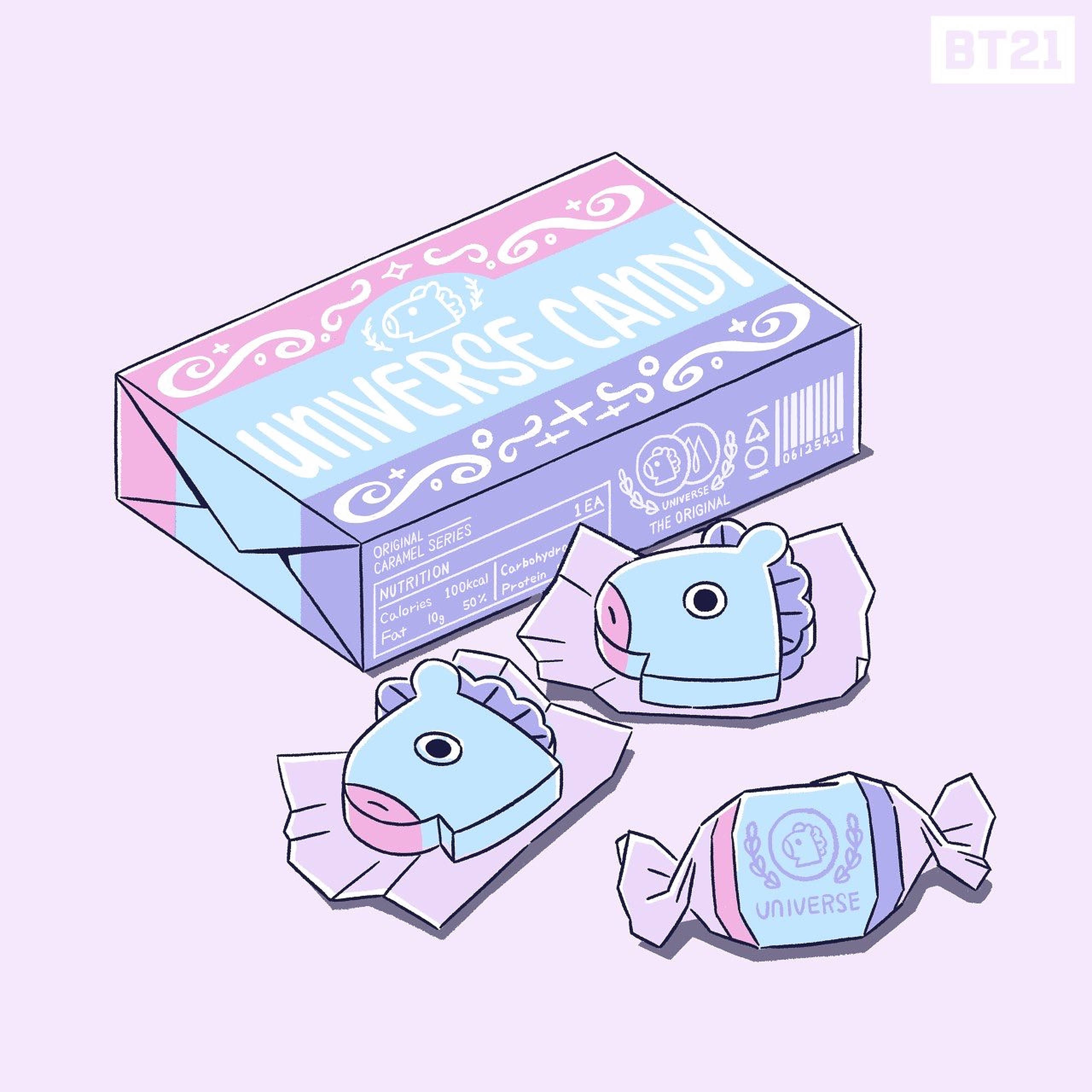 mang bt21 桌布 壁紙 — 粉彩色BT21宇宙糖果盒，內有包裹成豬形狀的零食，置於柔和薰衣草背景上。