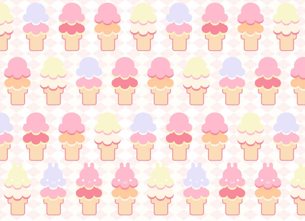 Kawaii Pastel 桌布 壁紙 — 粉彩色冰淇淋甜筒搭配可愛兔子臉，以重複圖案排列在柔軟粉紅格子背景上。