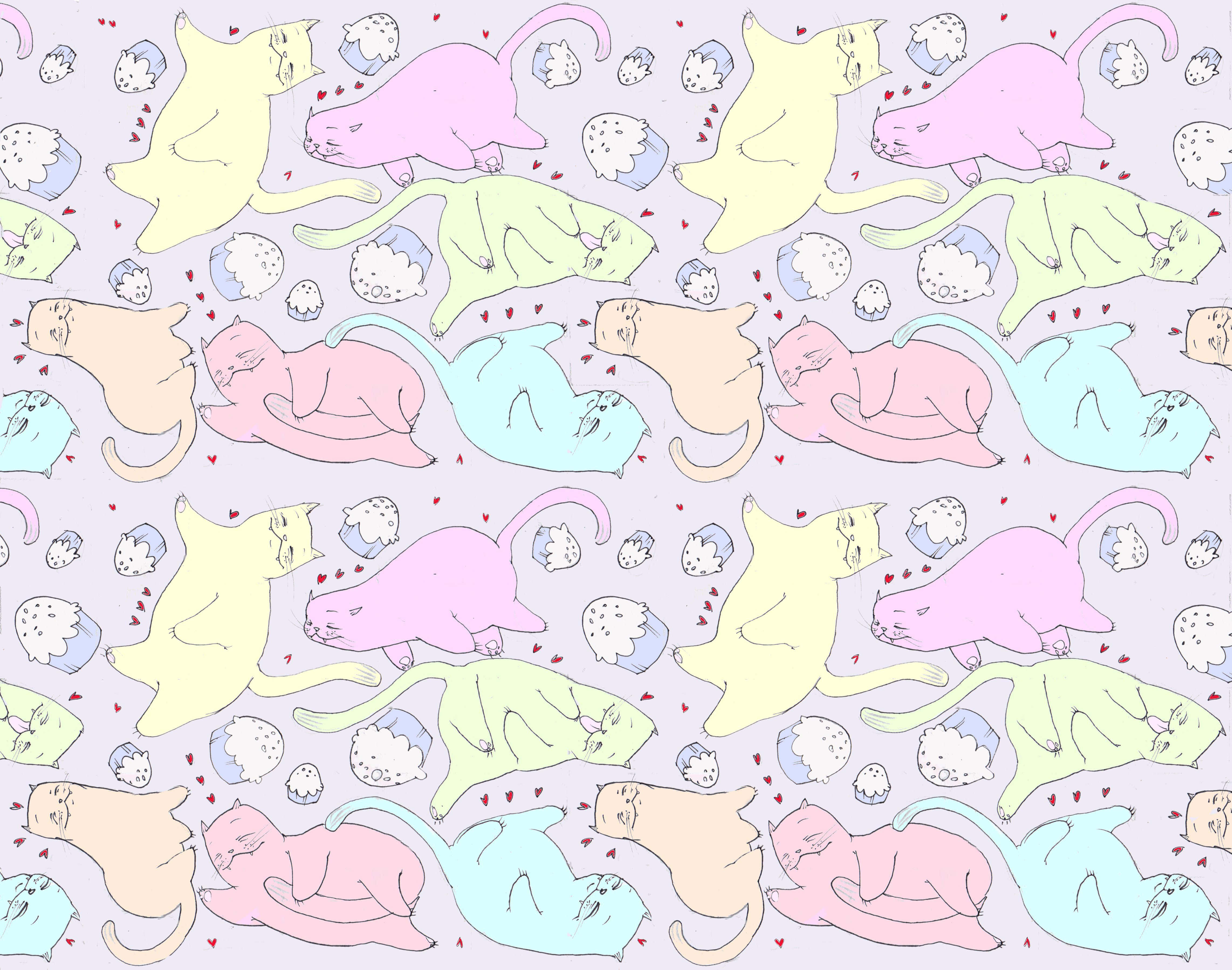 Cute Cat Pattern 桌布 壁紙 — 粉彩色卡通貓咪以各種睡姿重複排列在淺紫色背景上，帶有小愛心和雲朵。