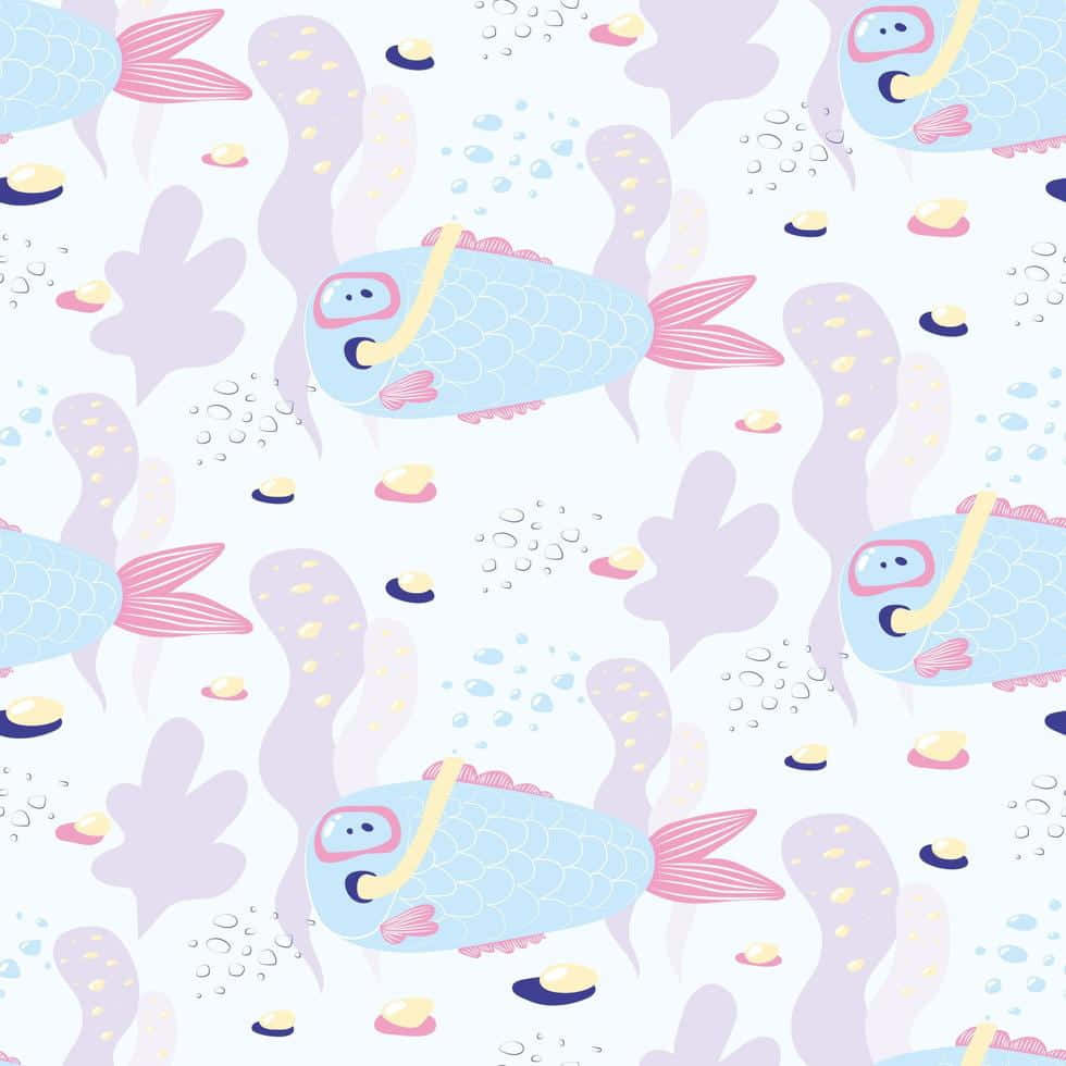 Kawaii Sea Creatures 桌布 壁紙 — 粉彩色卡通魚戴著呼吸管在淺藍色背景上的紫色珊瑚和氣泡之間游動。