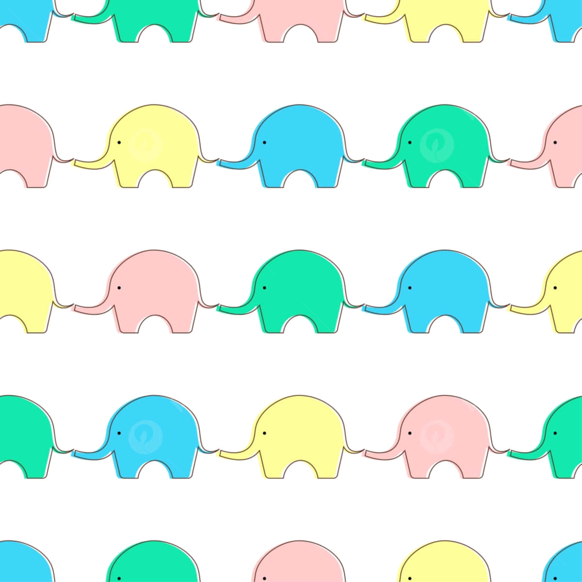 elephants 桌布 壁紙 — 粉彩色大象以重複圖案互相抓住尾巴，在畫面中形成一條俏皮的鏈條。