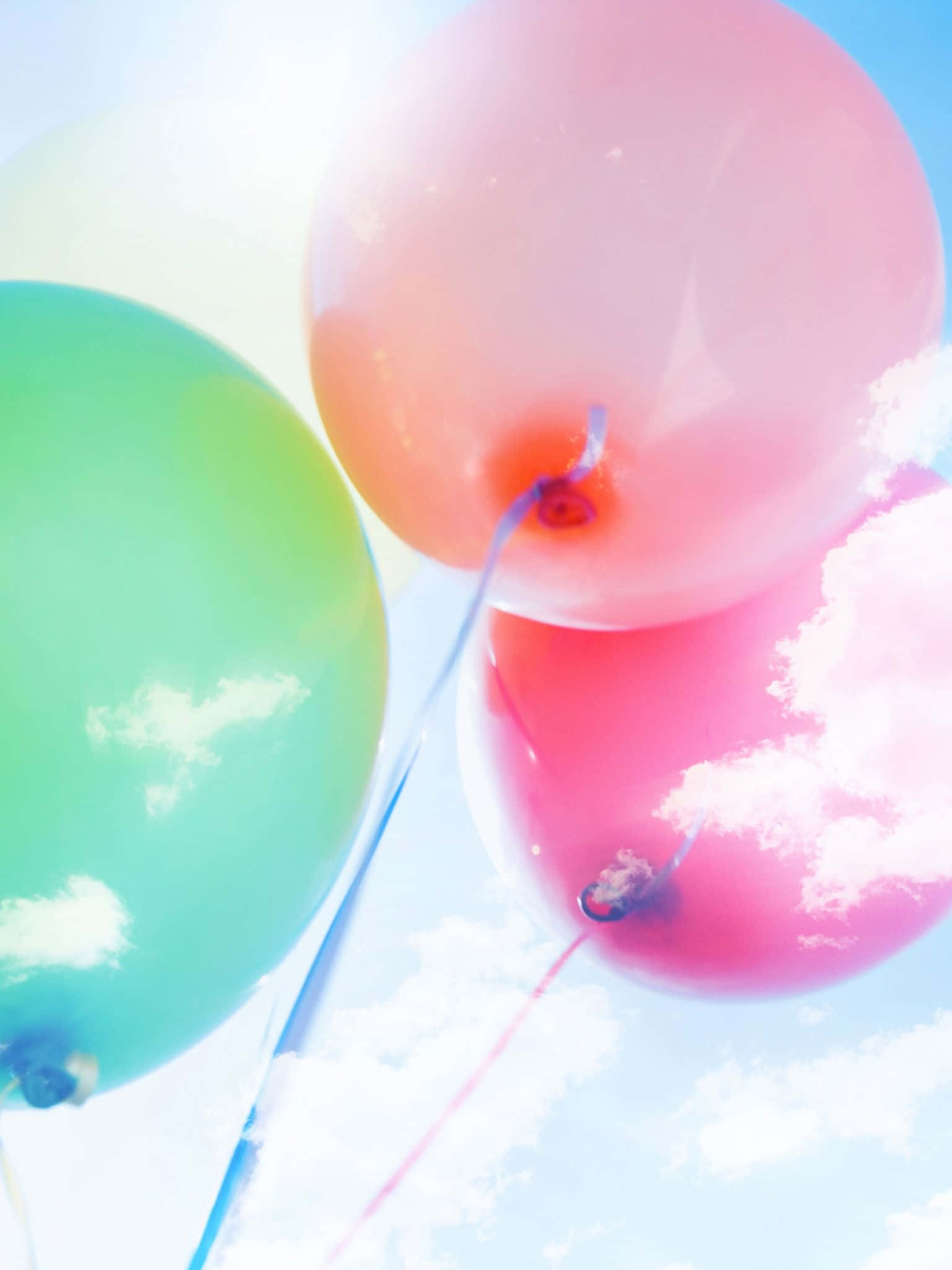 Pink Balloons 桌布 壁紙 — 粉彩色氣球在明亮的藍天中飄浮， fluffy 白色雲朵映照在其光滑表面上。