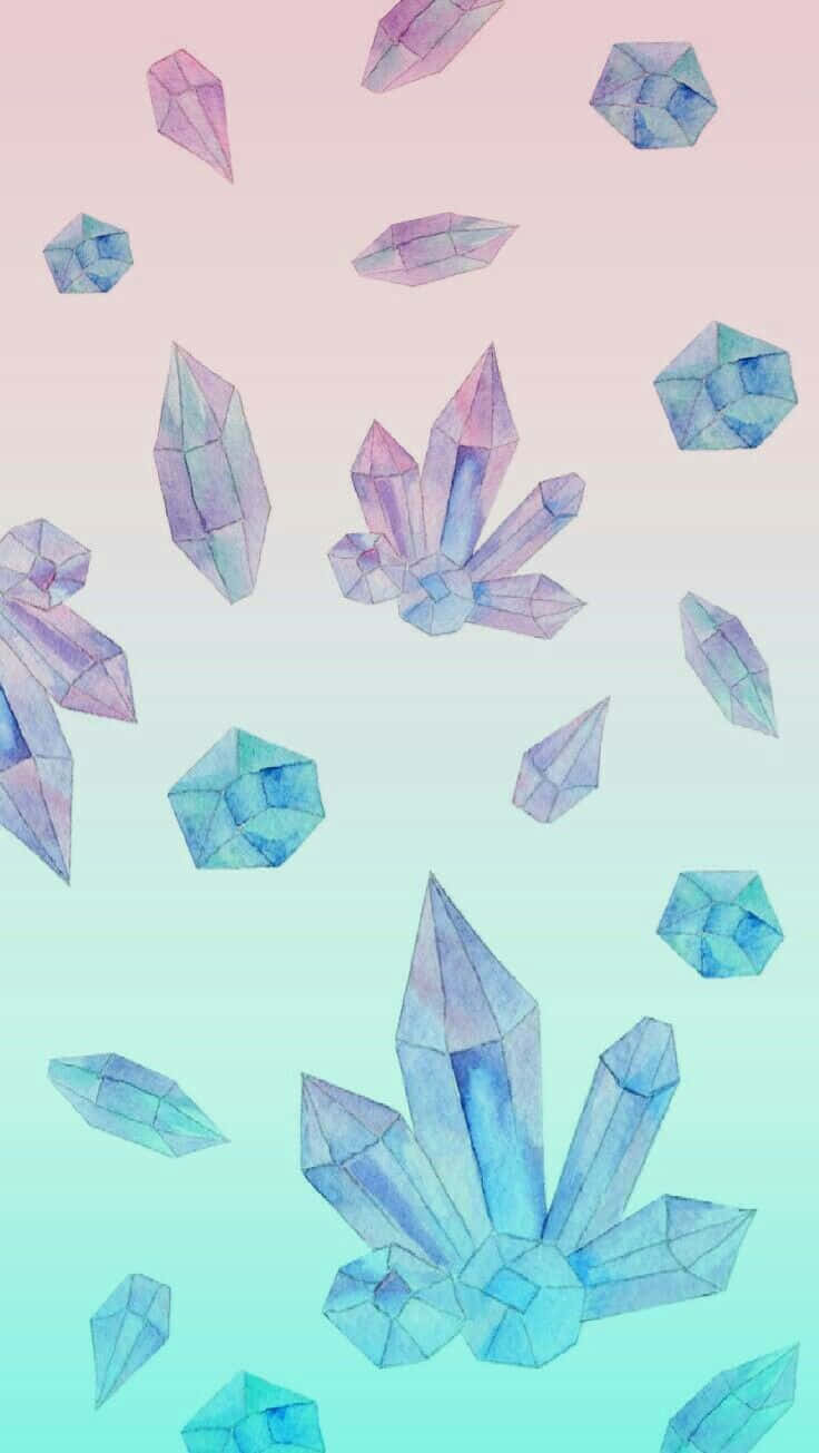 Pastel Crystal 桌布 壁紙 — 粉彩色漸變背景，飾以藍色和紫色調的浮動水彩水晶。