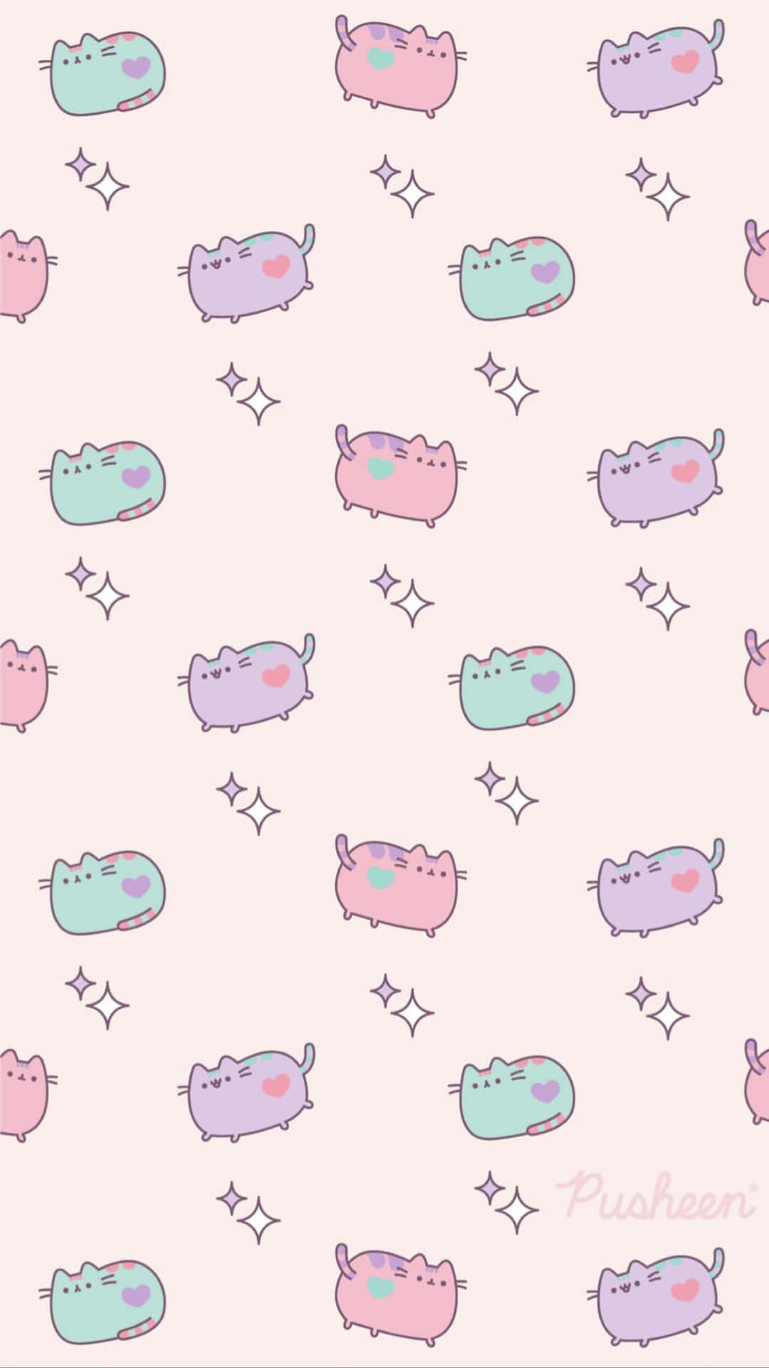 Kawaii Pusheen 桌布 壁紙 — 粉彩色的Pusheen貓咪帶著心形在柔和粉紅色背景上閃爍漂浮。