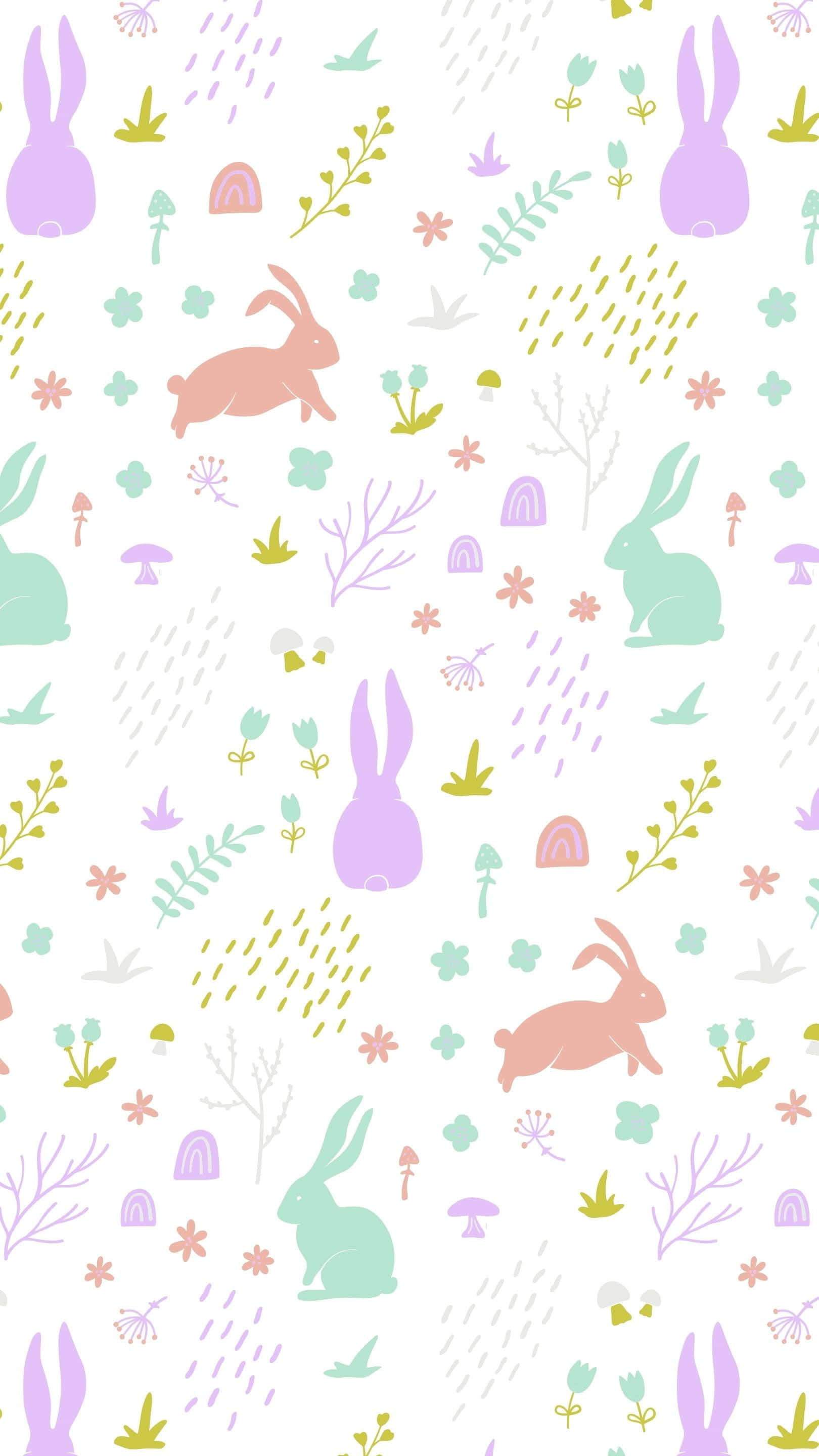 Kawaii Bunny 桌布 壁紙 — 粉彩色的兔子和樹葉散落在白色背景上，形成一個俏皮的重複圖案。