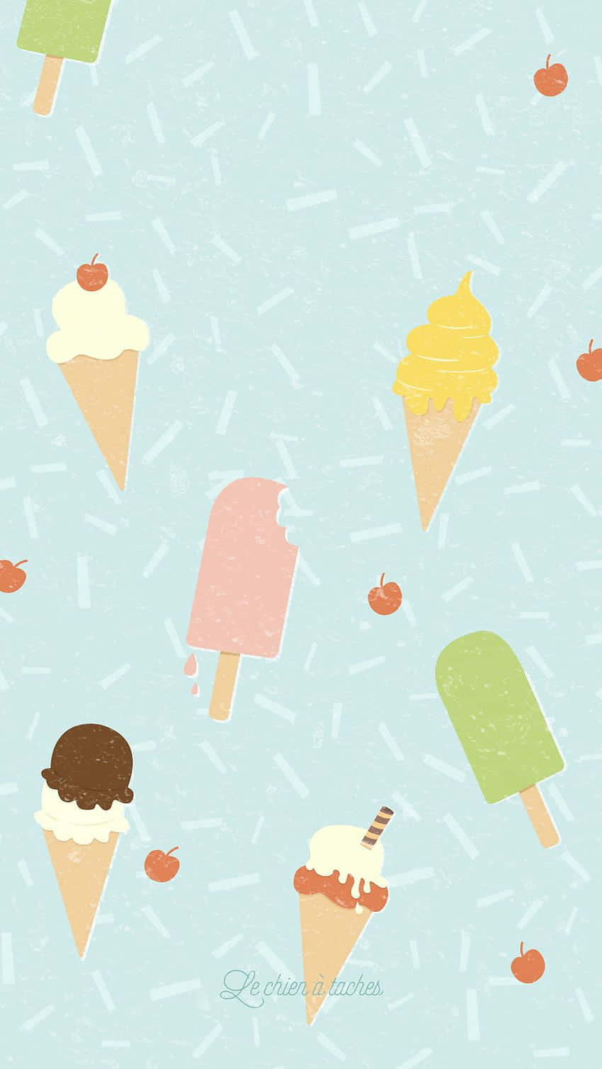 Ice Cream 桌布 壁紙 — 粉彩色的冰淇淋甜筒和冰棒在淺藍色紋理背景上，伴隨著落下的糖粒和小蘋果漂浮。