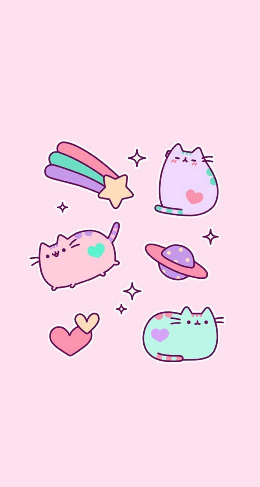 在粉紅色背景上帶有心形和星星的可愛卡通貓咪。 — Pusheen 動圖 壁紙