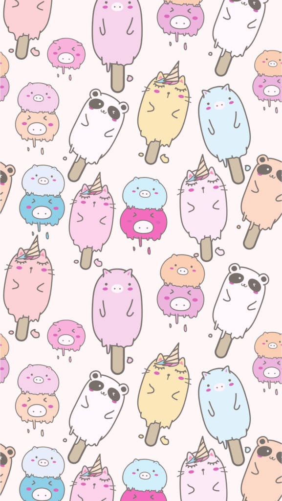 cute girly phone 桌布 壁紙 — 粉彩色的可愛動物冰棒，帶有融化的滴落和獨角獸角，散落在淺粉紅色背景上。