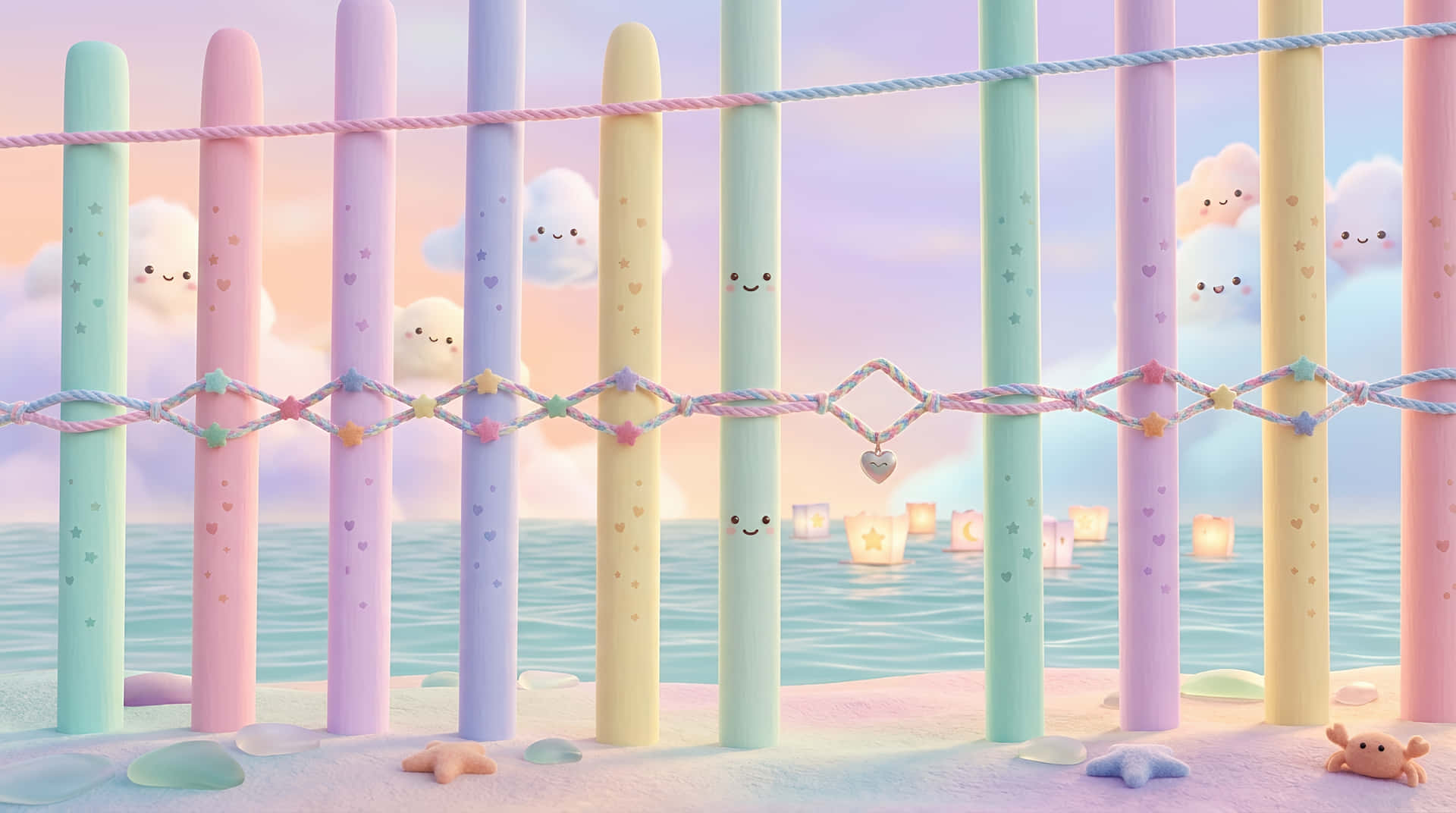 Whimsical Kawaii Pastel Beach Fence with Smiling Posts 壁紙 — 粉彩色的圍欄柱，帶有微笑的雲朵和海星，在日落時分的沙灘上，漂浮著燈籠。
