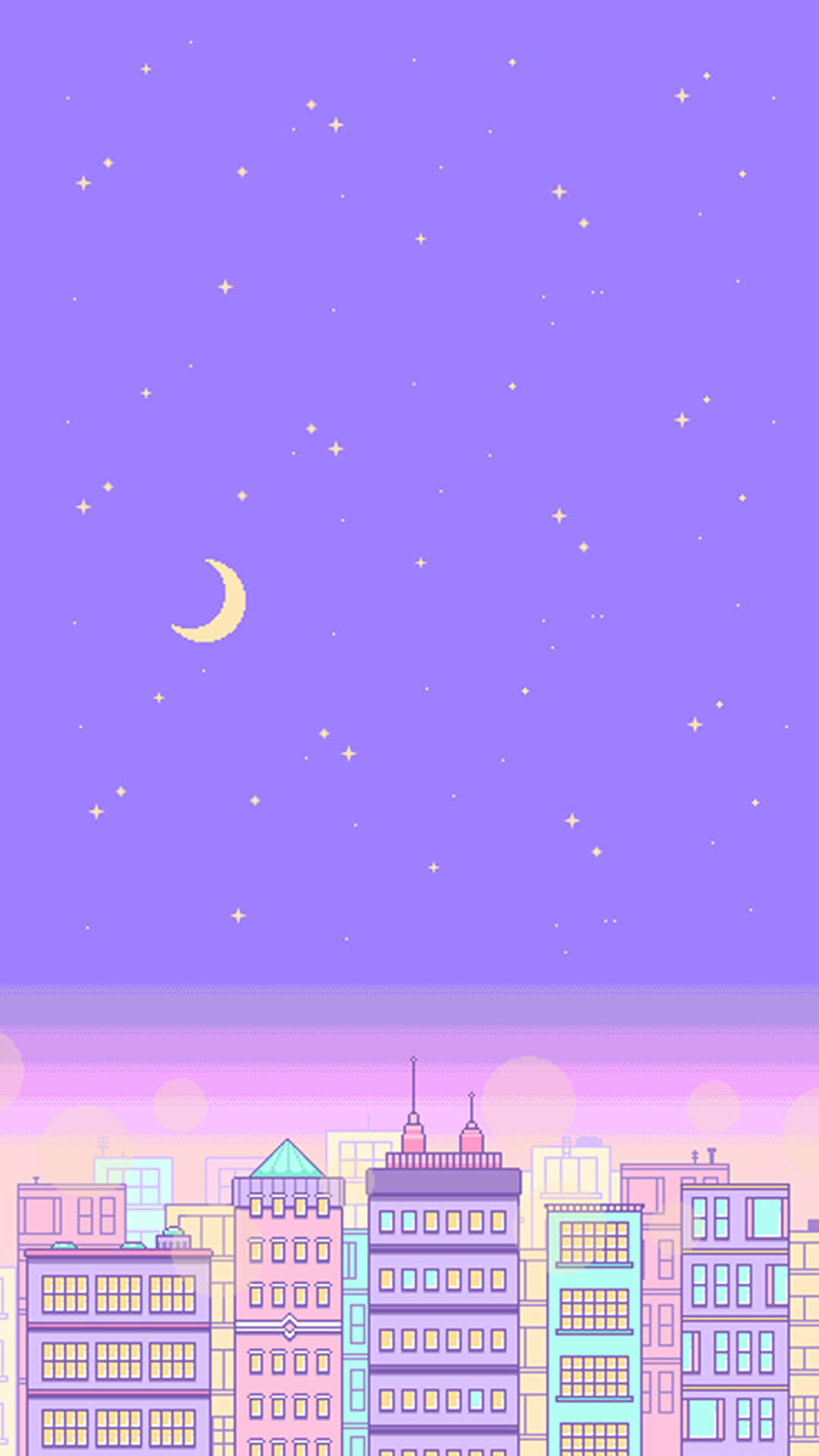 在帶有彎月的星空紫色夜空下的粉彩色城市天際線。 — 粉彩可愛動圖 壁紙
