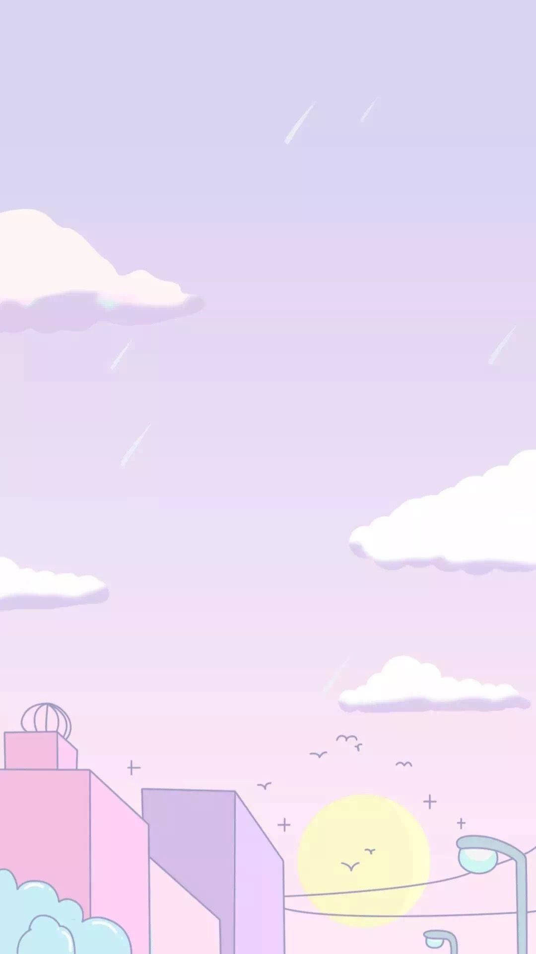 粉彩城市景觀，有微笑的太陽、雲朵和飛翔的鳥兒。 — 粉彩可愛動圖 壁紙