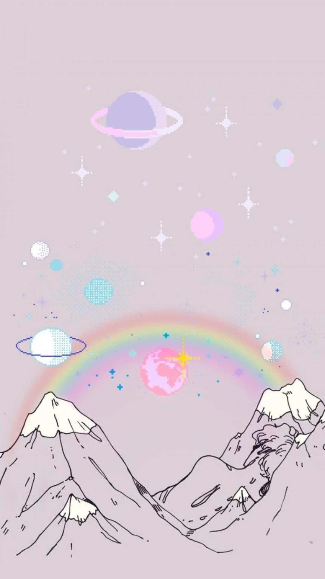 在粉彩色天空下，積雪的山脈與漂浮的行星和彩虹。 — 淡彩風格 壁紙
