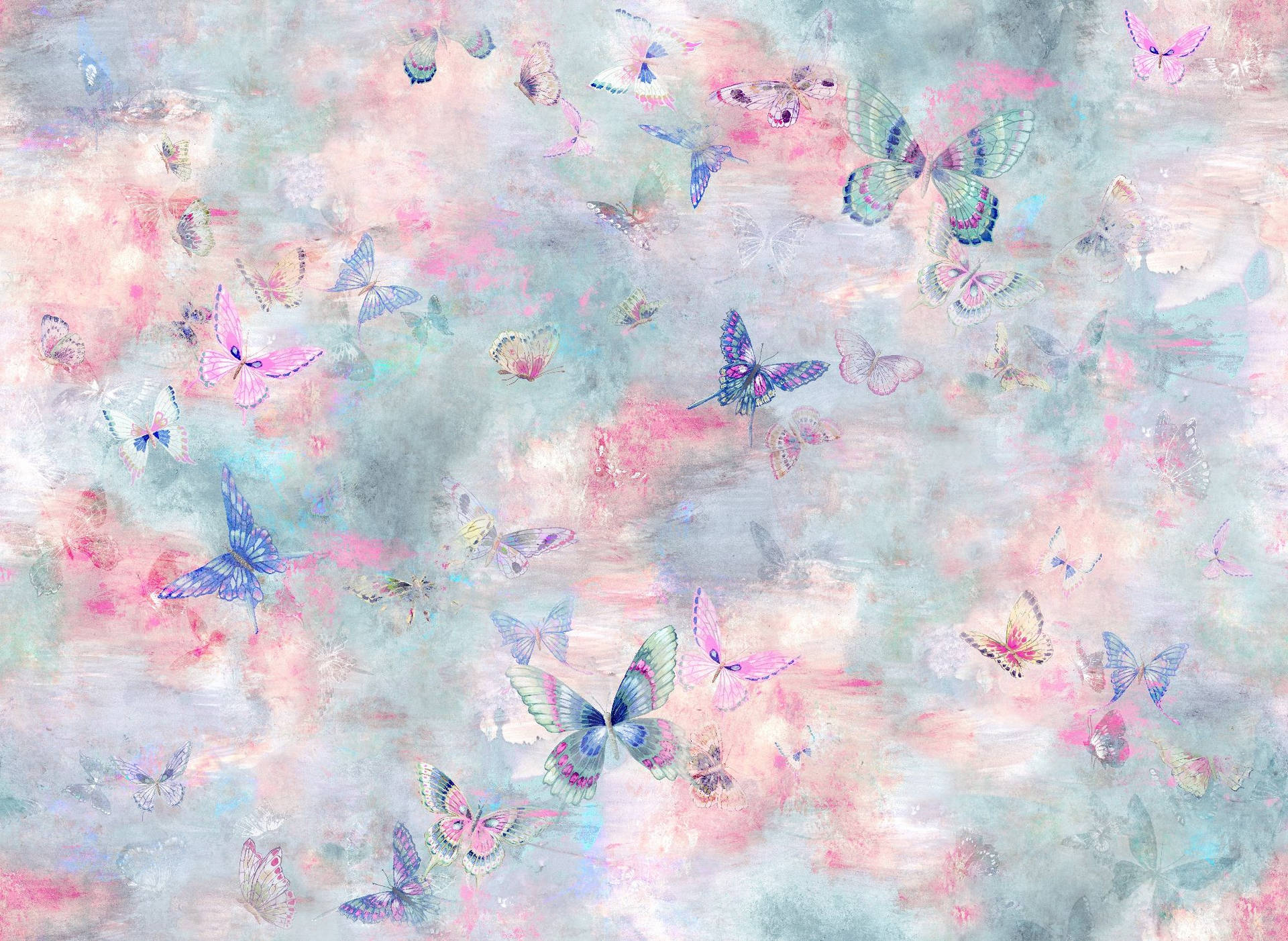 柔和粉彩色的蝴蝶在夢幻水彩天空中飄蕩。 — 蝴蝶 GIF 壁紙