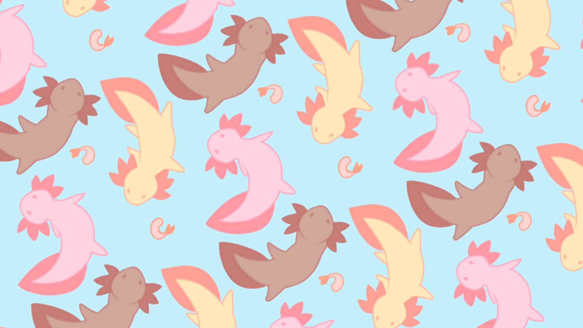 cute aesthetic pc 桌布 壁紙 — 粉彩色的蠑螈在柔和的藍色背景上以歡快的重複圖案游泳。