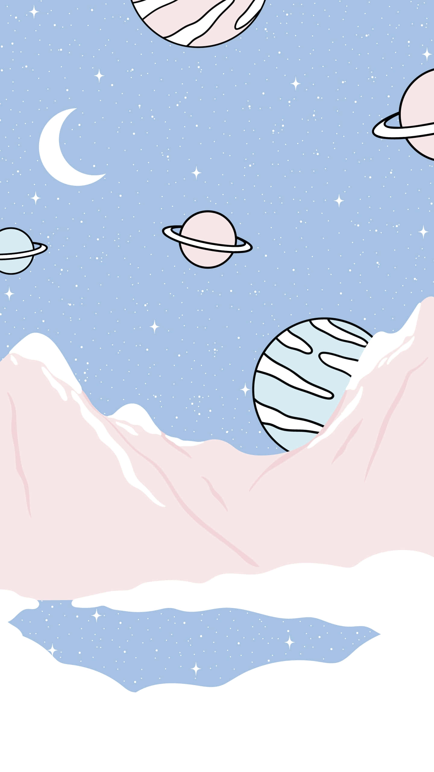 粉彩手機動圖 桌布 壁紙 — 粉彩色的行星和一彎新月漂浮在星空下積雪的山脈之上。