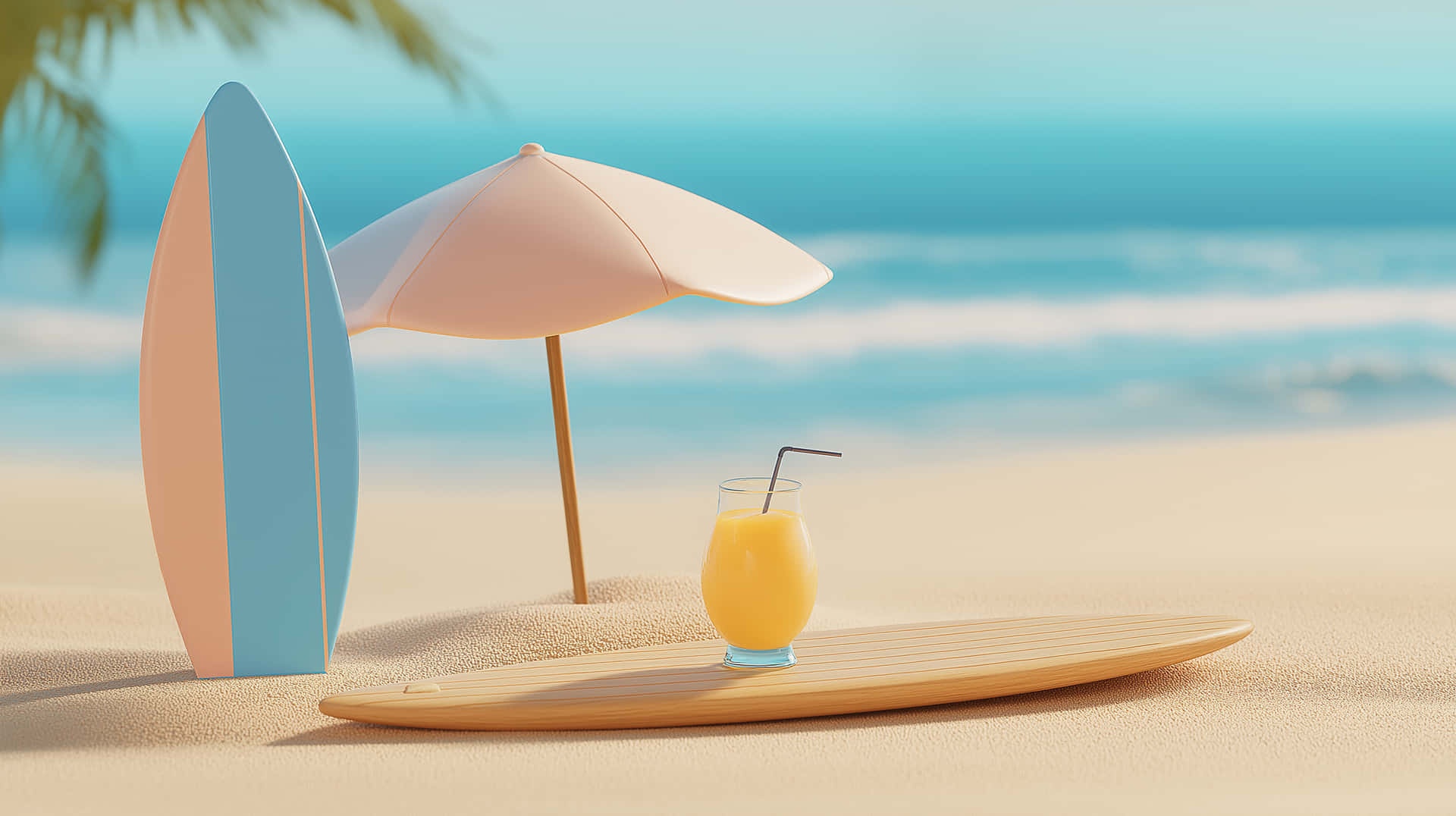 Minimalist Beach Setup with Surfboard and Drink by the Ocean 壁紙 — 粉彩色的衝浪板和沙灘傘為海邊木托盤上的熱帶飲料遮蔭。