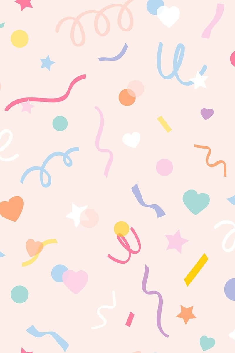 Confetti 桌布 壁紙 — 粉彩色紙屑心形、星星和絲帶在柔和的粉紅色背景上歡快地飄浮。