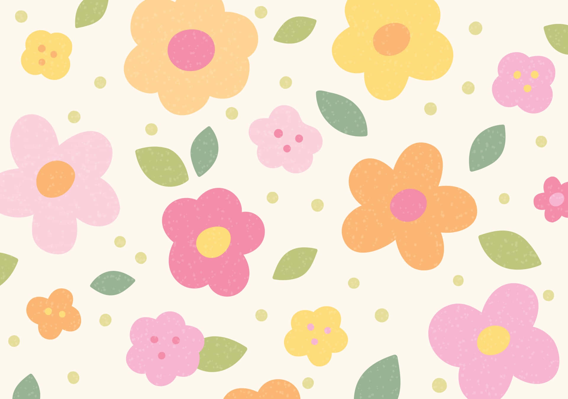 Cute Floral 桌布 壁紙 — 粉彩色調的風格化花朵和葉子在帶有細微斑點和圓點的奶油色背景上漂浮。