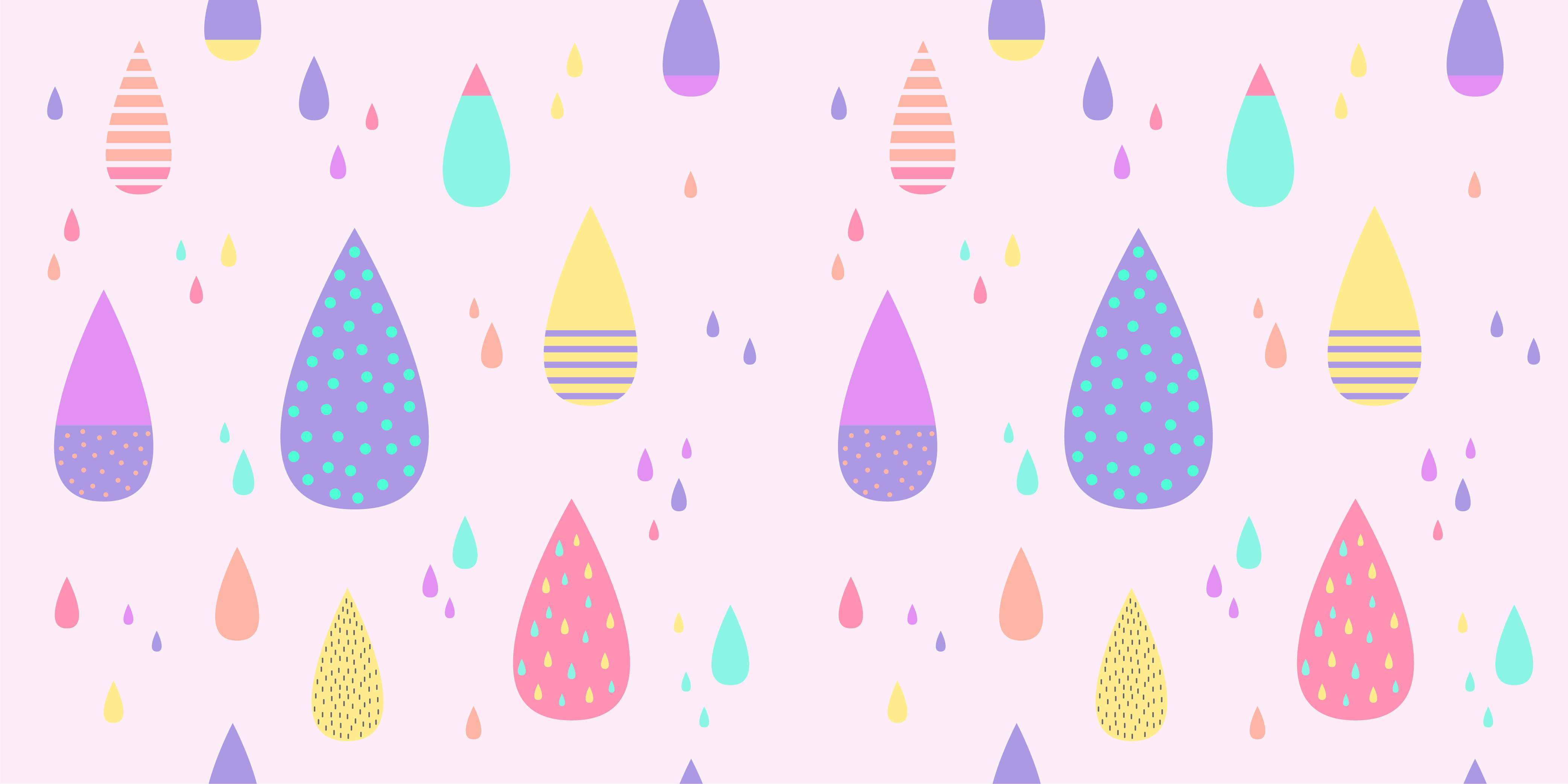 設計 桌布 壁紙 — 粉彩色雨滴形狀帶有圖案，在柔和的粉紅色背景上漂浮，形成俏皮的重複設計。