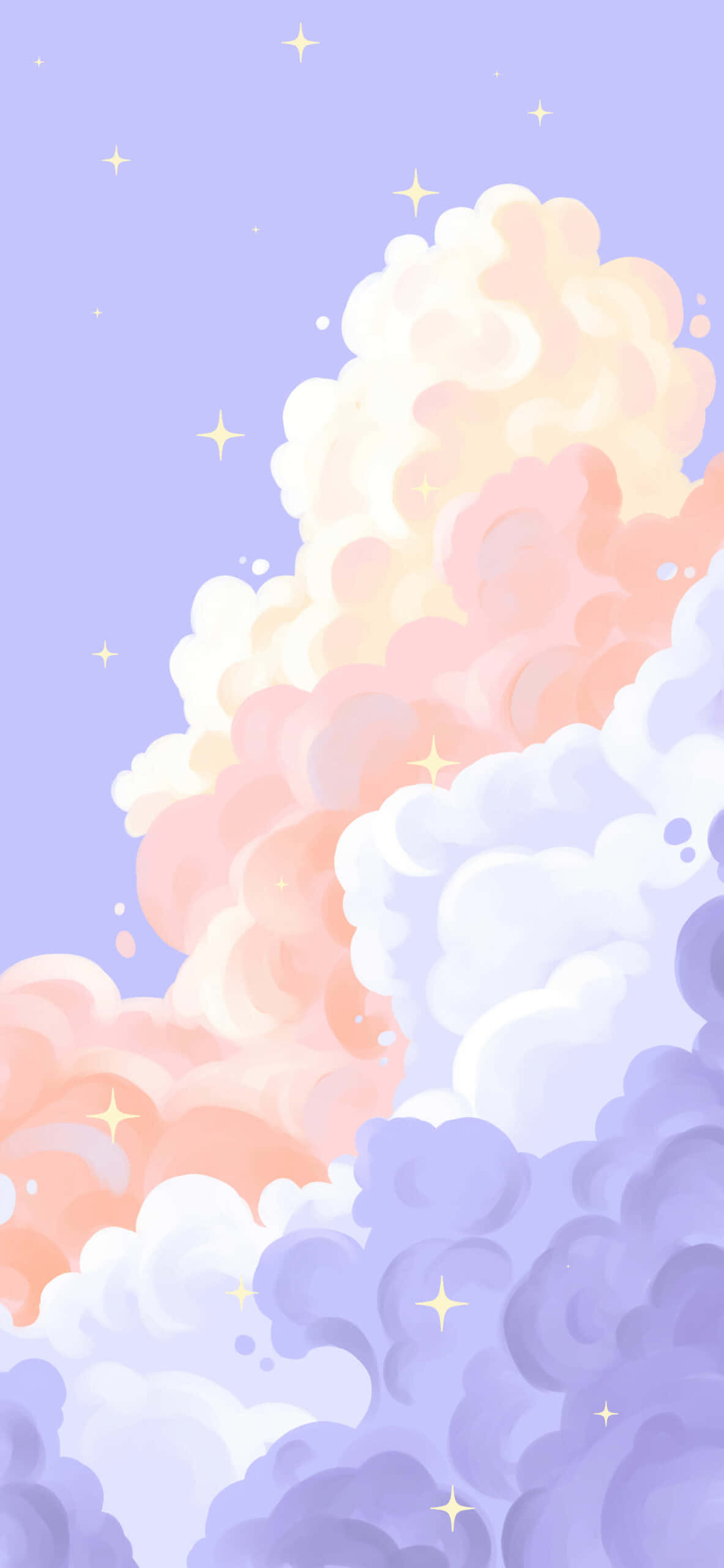 雲朵 桌布 壁紙 — 粉彩色雲朵在夢幻天空中旋轉，點綴著閃爍的星星，背景是薰衣草色。