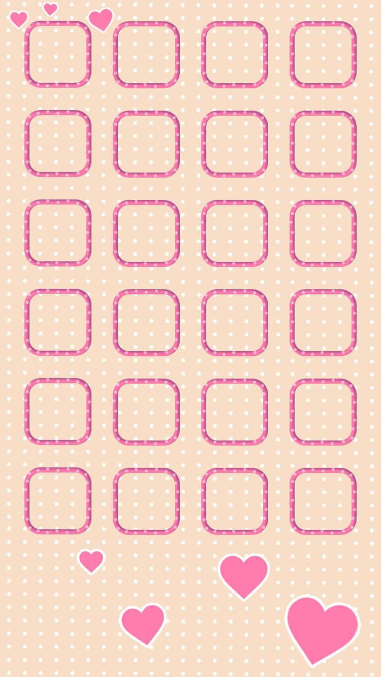 iPhone Simple Cute 桌布 壁紙 — 粉彩蜜桃色壁紙，帶有粉紅色虛線框和散落的心形圖案，背景為波點。