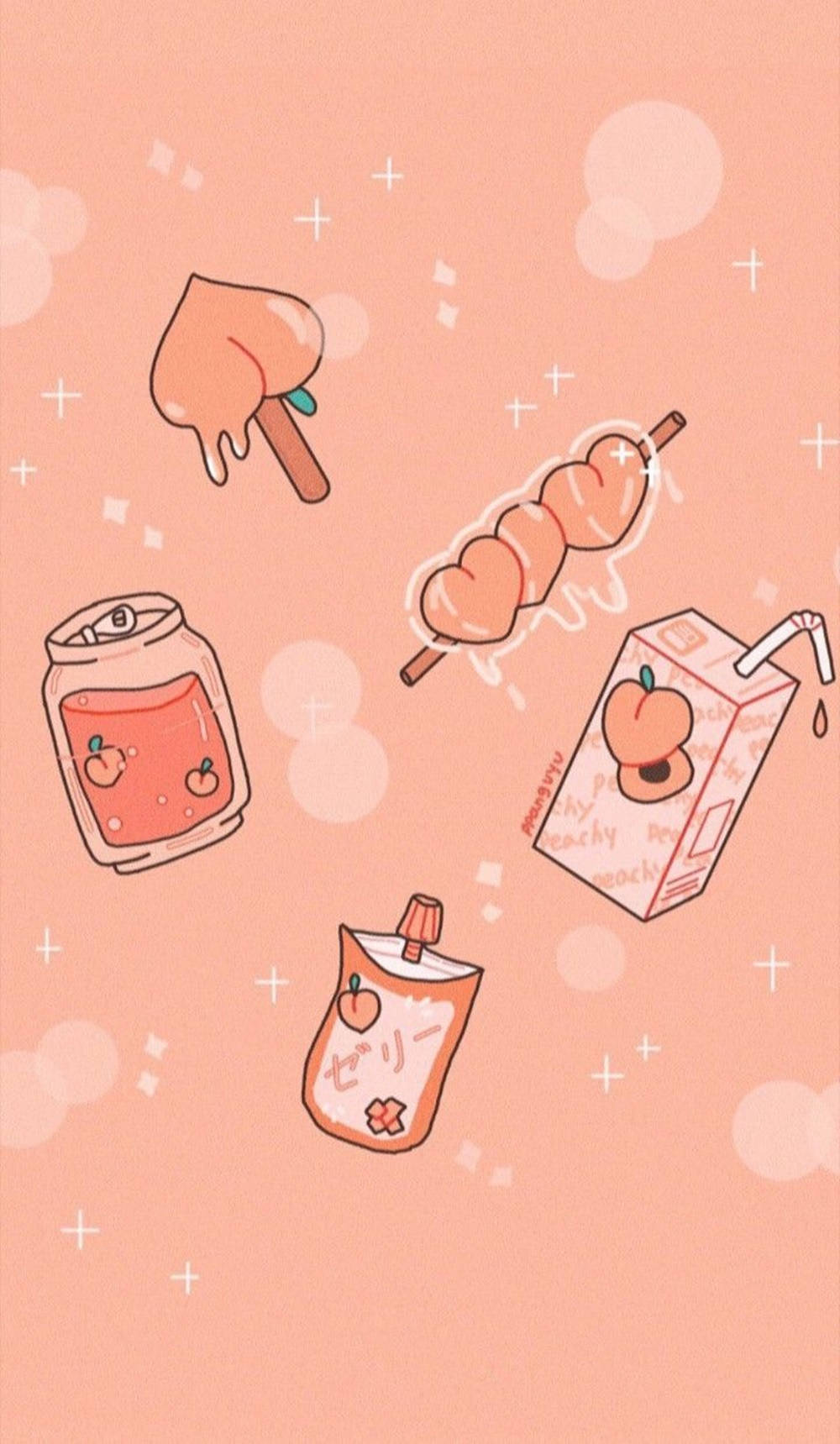 Cute Kawaii Aesthetic 桌布 壁紙 — 粉彩蜜桃色美食在柔和粉紅色背景上，搭配散景和閃爍效果，俏皮地漂浮著。
