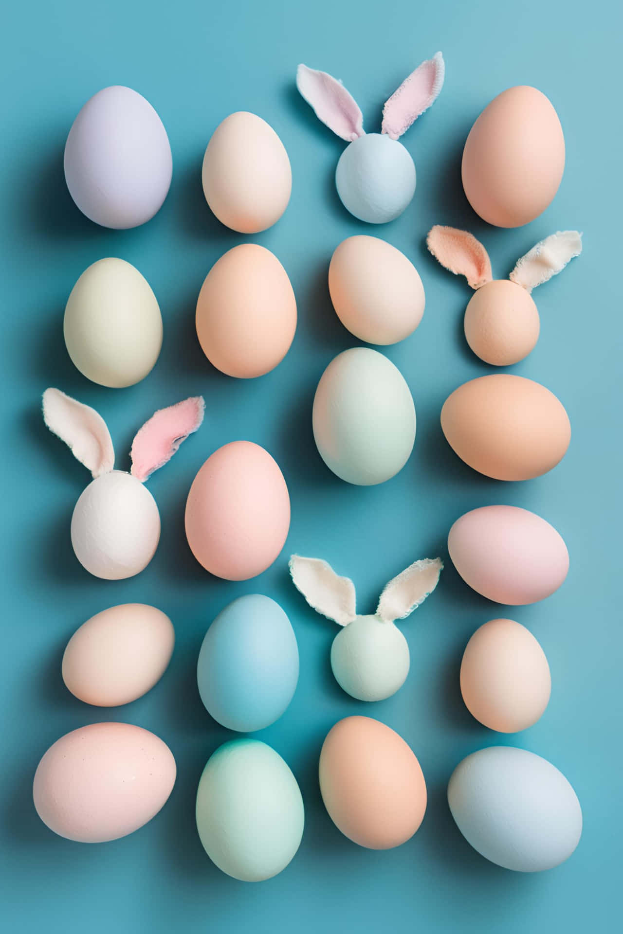Vertical arrangement of pastel-colored Easter eggs and cute bunny ears on a soft blue background. 壁紙 — 粉彩雞蛋配上兔耳，整齊排列在純青色背景上。