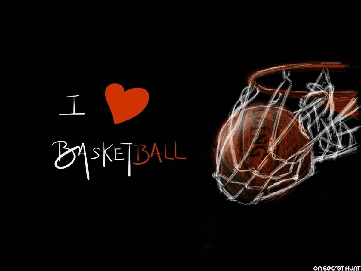  壁紙 — 粉筆風格的籃球圖案，黑色背景上帶有「I ❤️ BASKETBALL」文字。