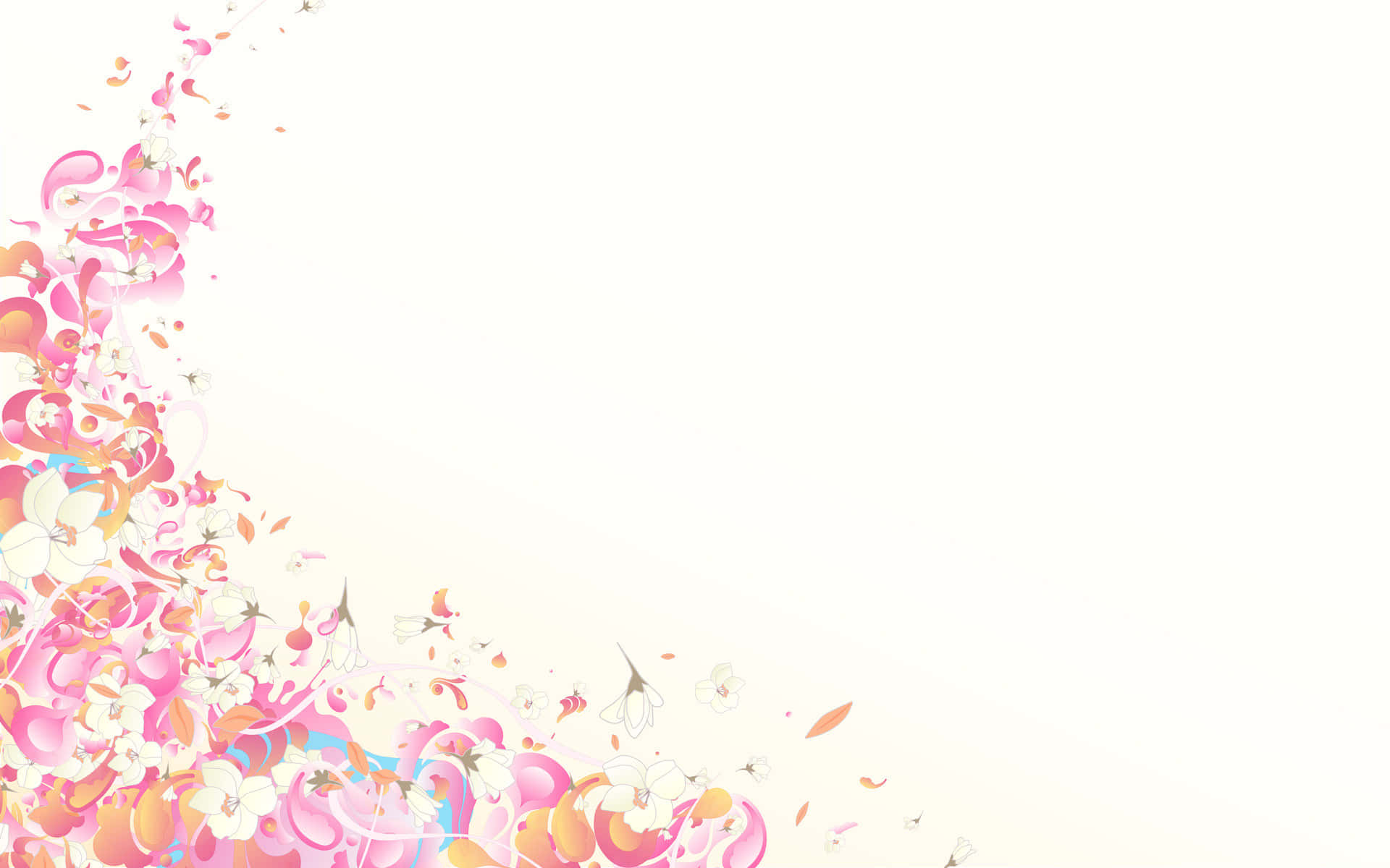 Anime Flower 桌布 壁紙 — 粉紅、橙、白色的鮮豔花卉漩渦從左下角迸發，襯托著柔和的奶油色背景。