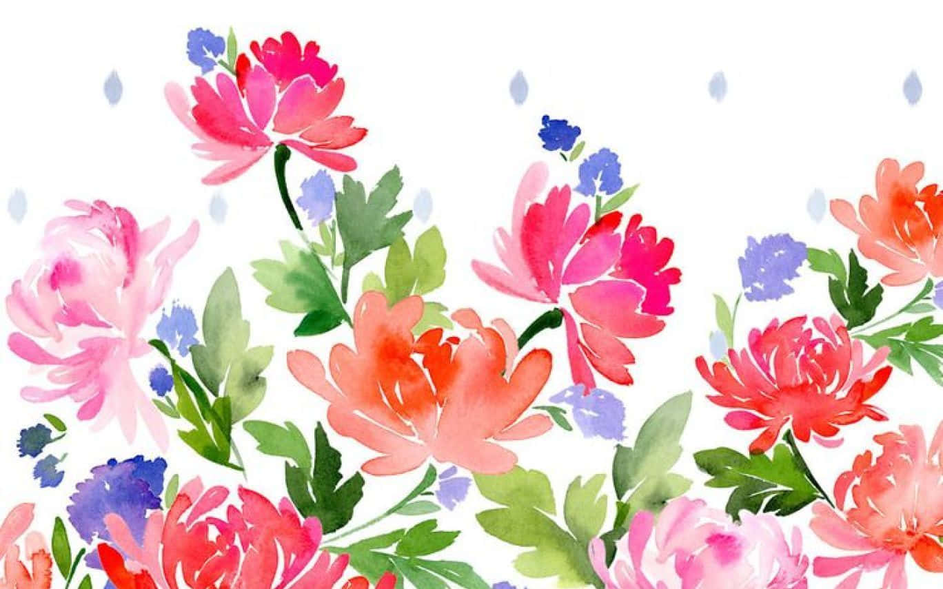 Floral Watercolor 桌布 壁紙 — 粉紅、橙、藍色的鮮豔水彩花朵在潔白背景上綻放，帶有柔和葉片點綴。
