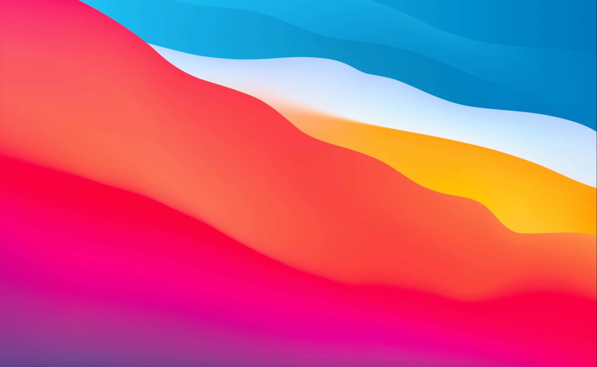 macOS 桌布 壁紙 — 粉紅、橙、黃、藍的鮮豔抽象波浪在數位漸變背景中平滑融合。