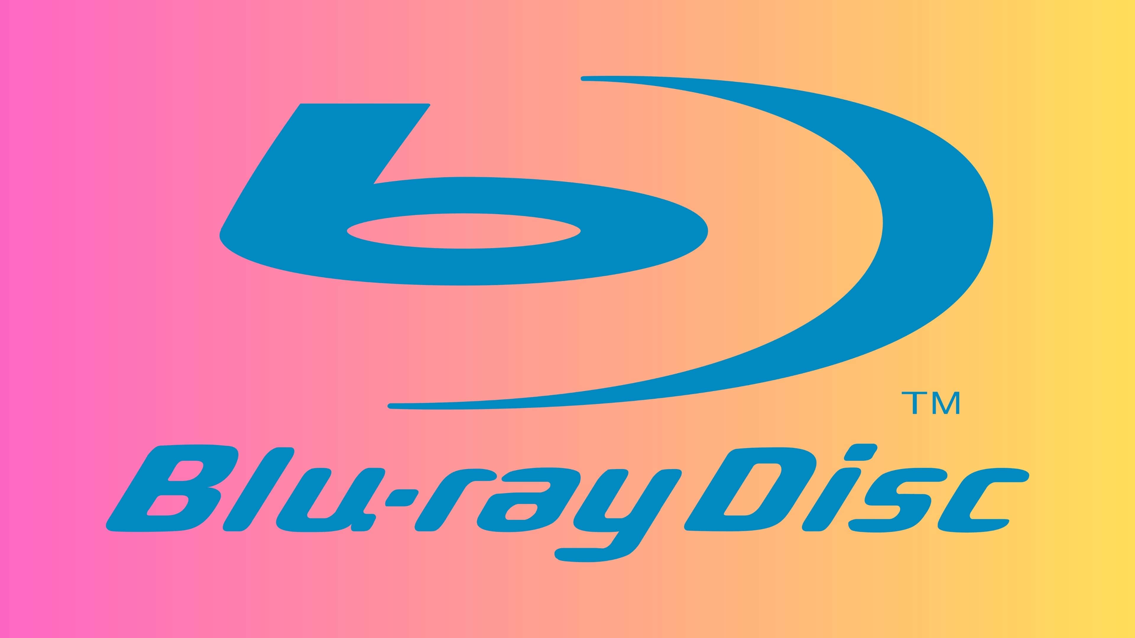 4K Blu-ray 桌布 壁紙 — 粉紅、橙色和黃色的鮮豔漸變背景，帶有標誌性的藍色 Blu-ray Disc 標誌和文字。