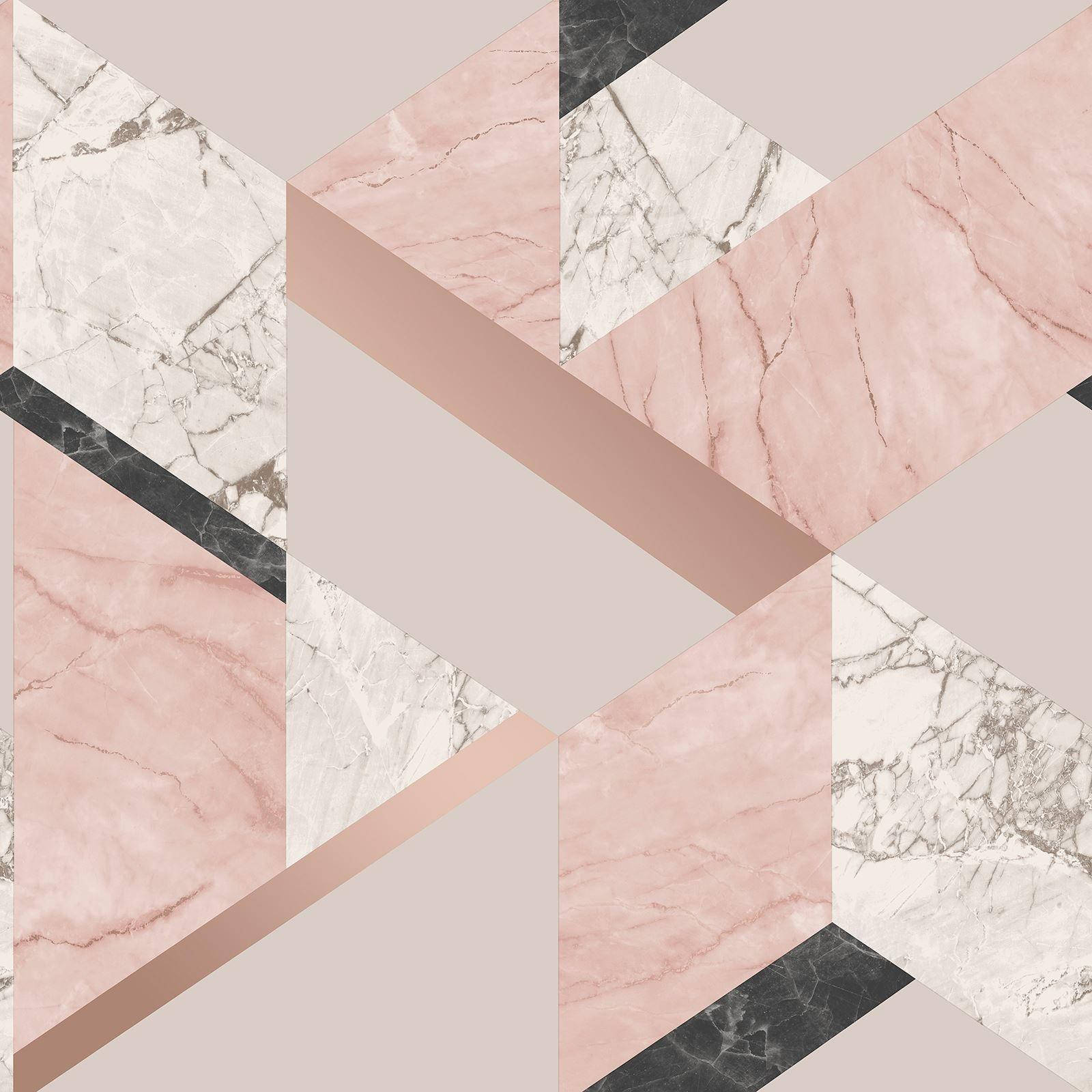 Geometric 桌布 壁紙 — 粉紅、白色和黑色大理石瓷磚以尖銳的角形排列在柔和的腮紅背景上，形成幾何圖案。