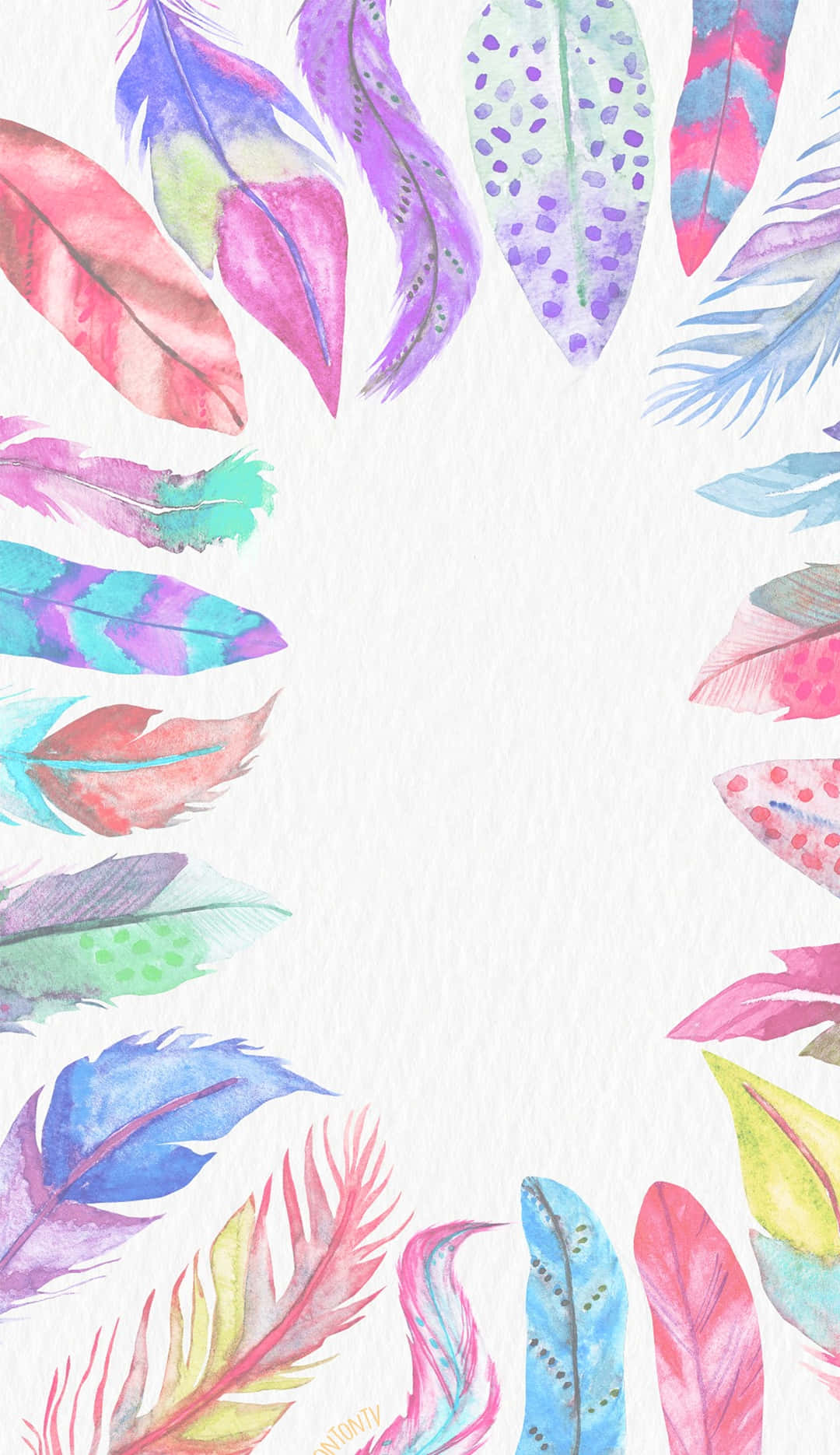 Boho Pastel 桌布 壁紙 — 粉紅、紫、藍、綠色的鮮豔水彩羽毛，在白色紋理背景上形成裝飾邊框。