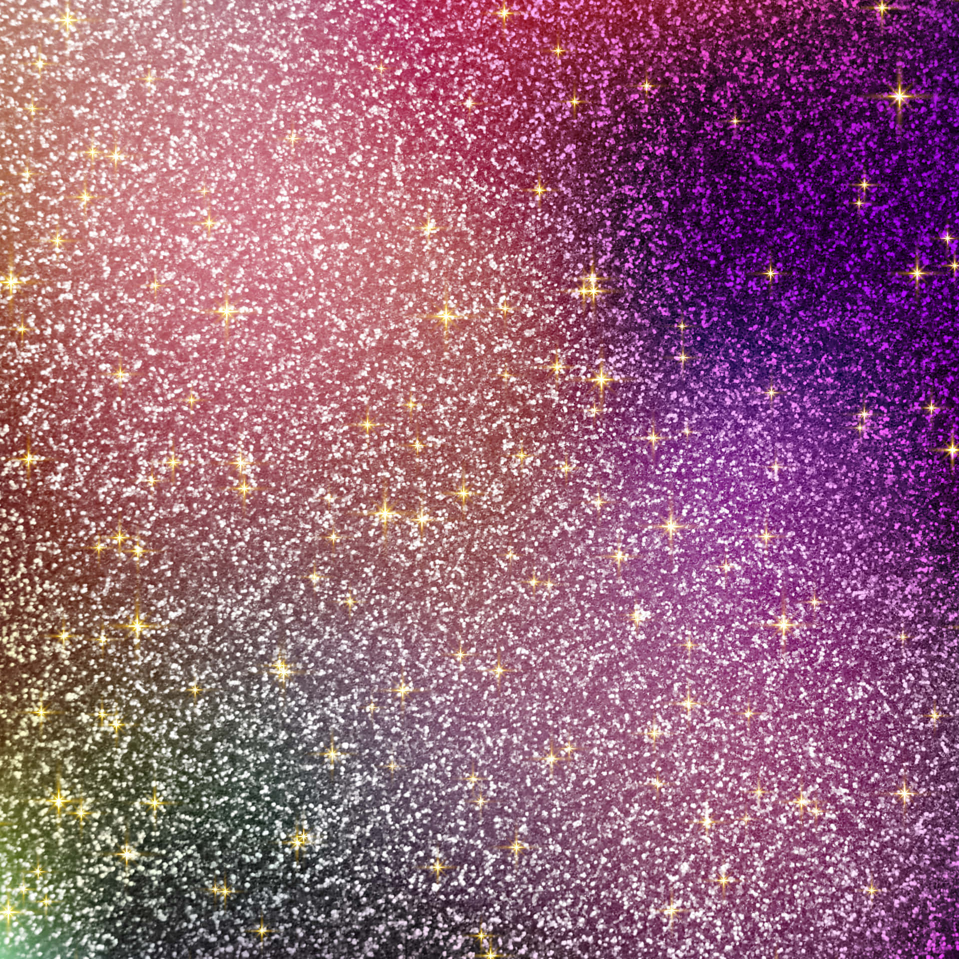 Glitter background with a shimmering texture. Aesthetic glitter background with blank space 壁紙 — 粉紅、紫色和綠色閃粉的鮮豔漸變，金色星爆在表面閃爍。