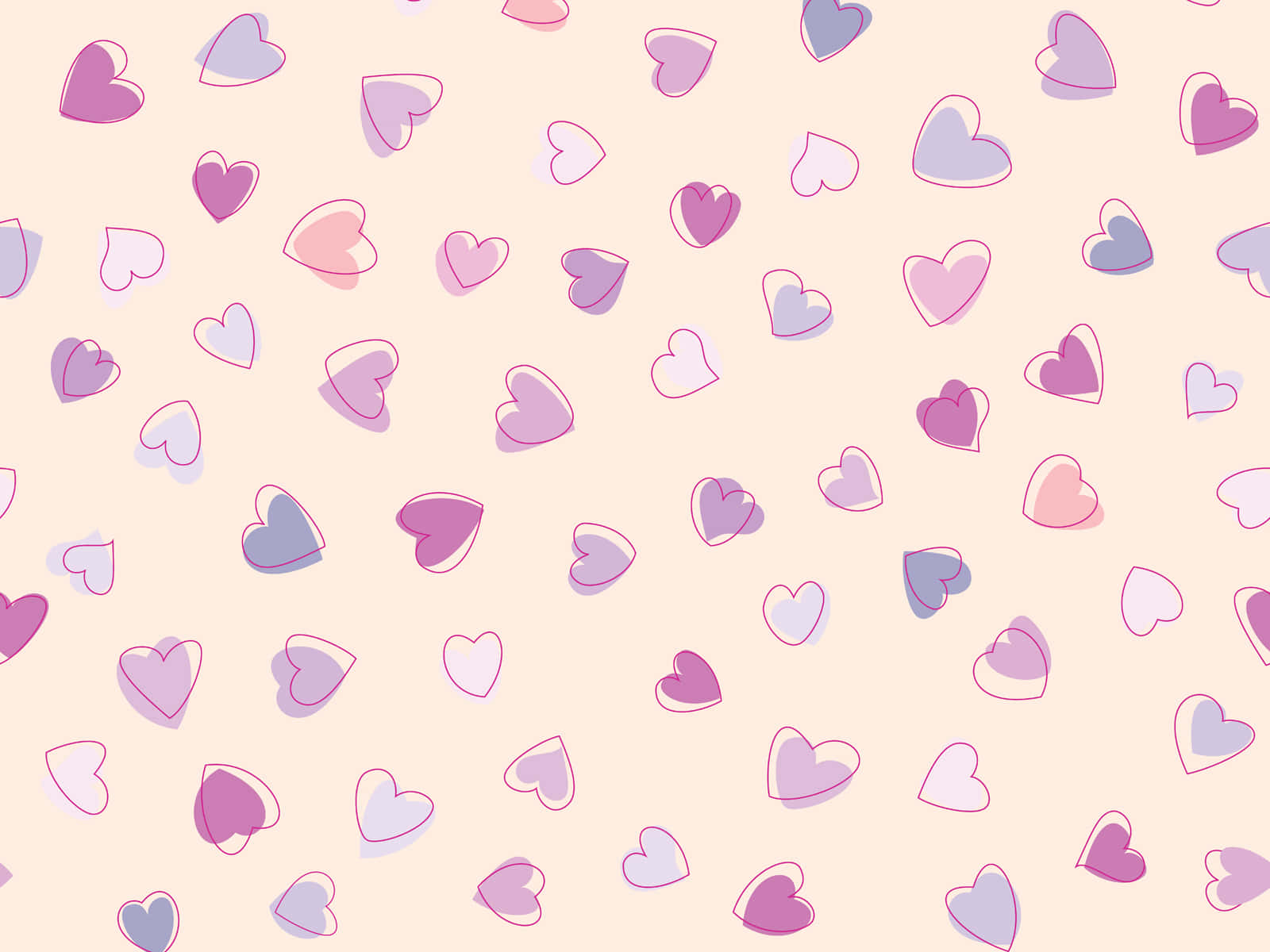 Heart Pattern 桌布 壁紙 — 粉紅、紫色和薰衣草色的柔和心形在柔和的蜜桃色背景上輕輕飄浮，形成俏皮的散落圖案。