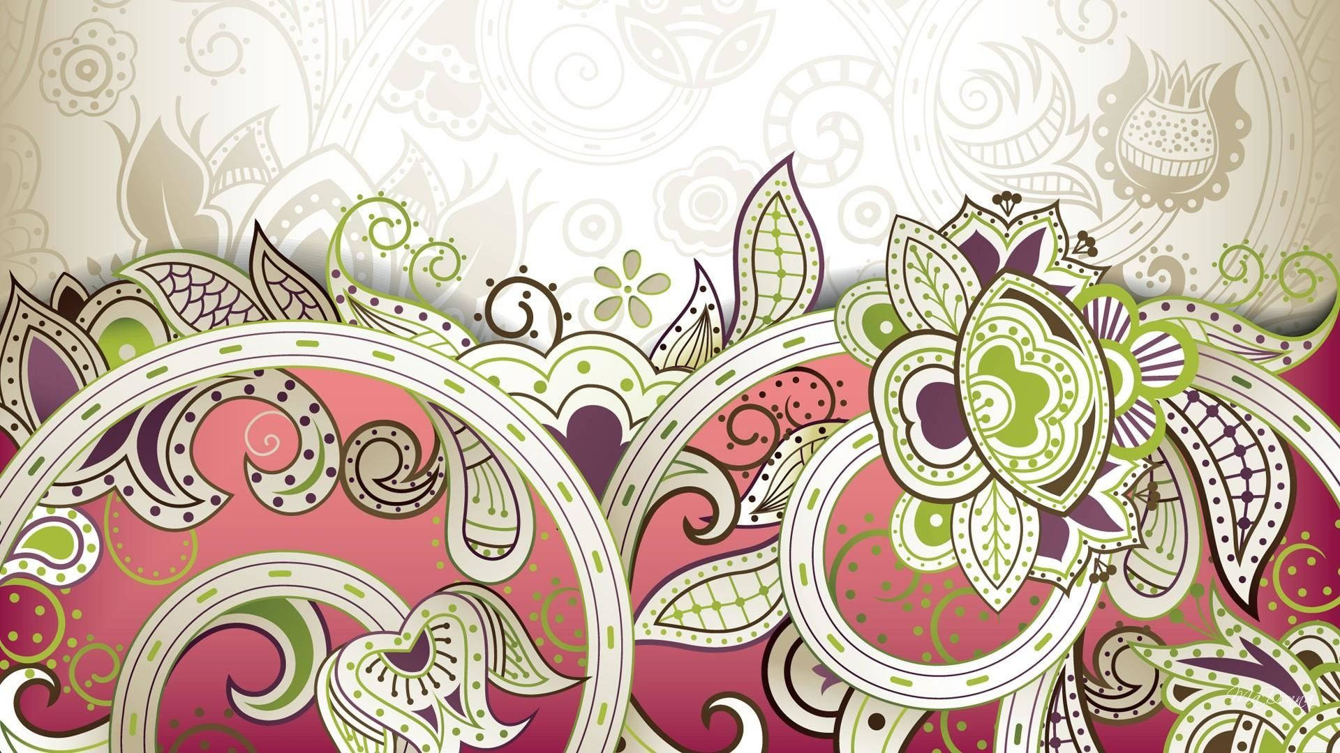 Paisley 桌布 壁紙 — 粉紅、綠色和紫色的鮮豔裝飾花卉圖案，在奶油色背景上與複雜的佩斯利圖案交織旋轉。