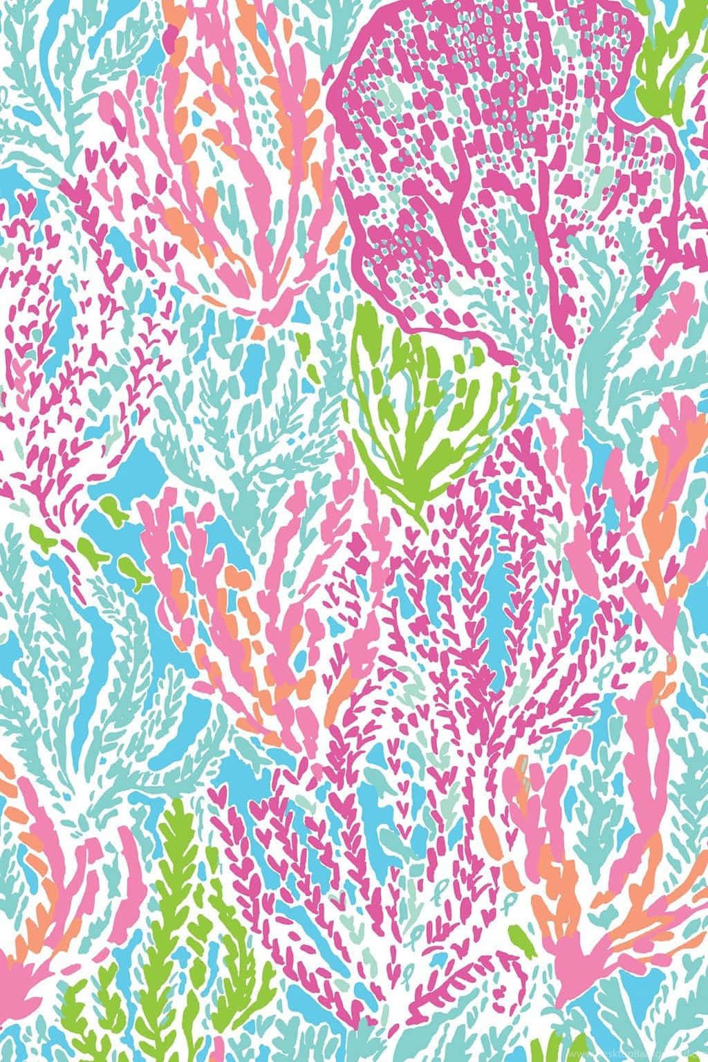 Lilly Pulitzer iPhone 桌布 壁紙 — 粉紅、綠色和藍色的鮮豔珊瑚礁圖案，搭配白色背景和風格化的分支形態。