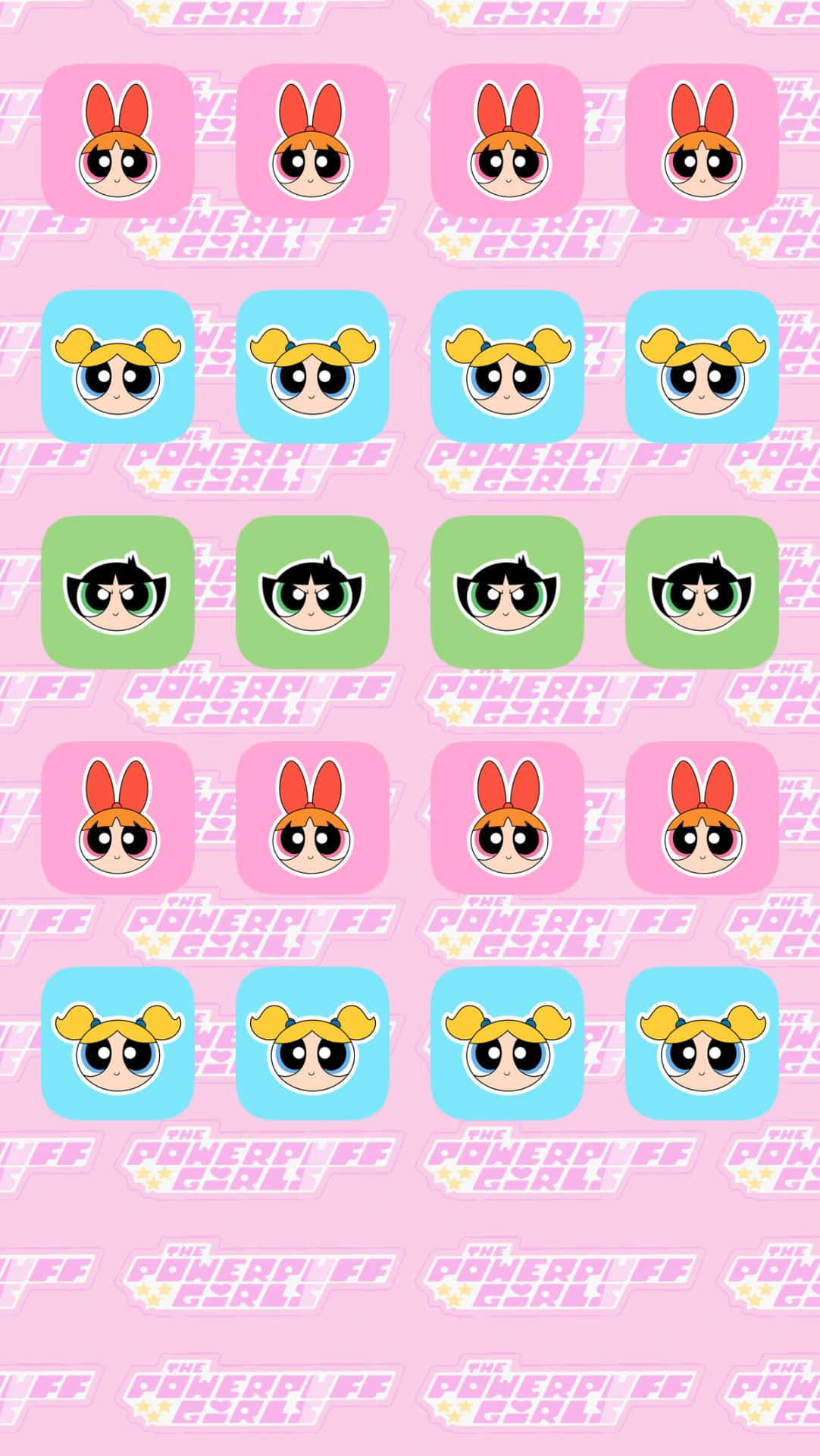 Powerpuff Girls Aesthetic 桌布 壁紙 — 粉紅、藍、綠色方格中重複出現飛天小女警角色的圖案，背景為粉紅色，帶有褪色標誌文字。