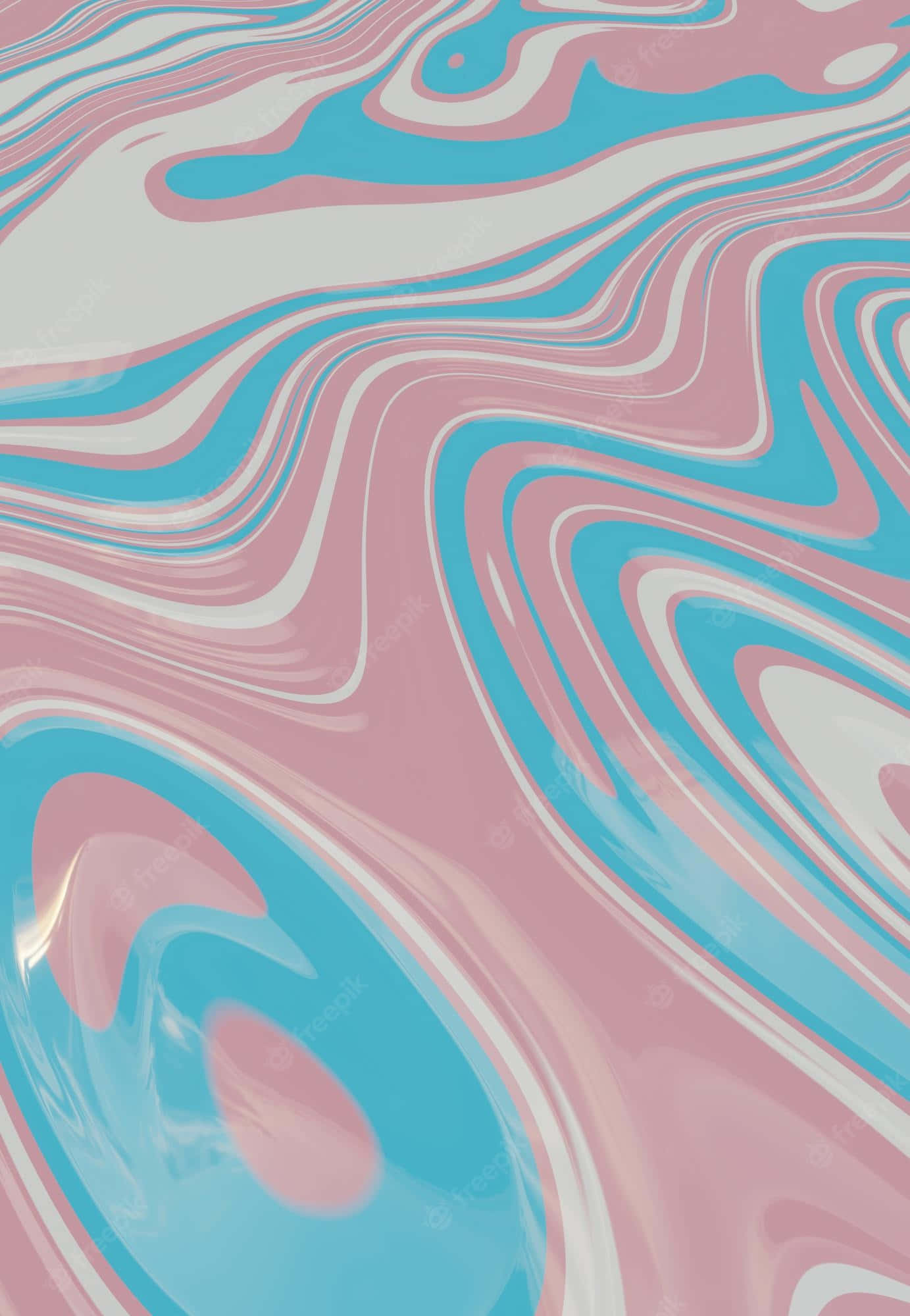 Paint Art 桌布 壁紙 — 粉紅、藍和白色的柔和漩渦流動抽象圖案，帶有光澤亮點。