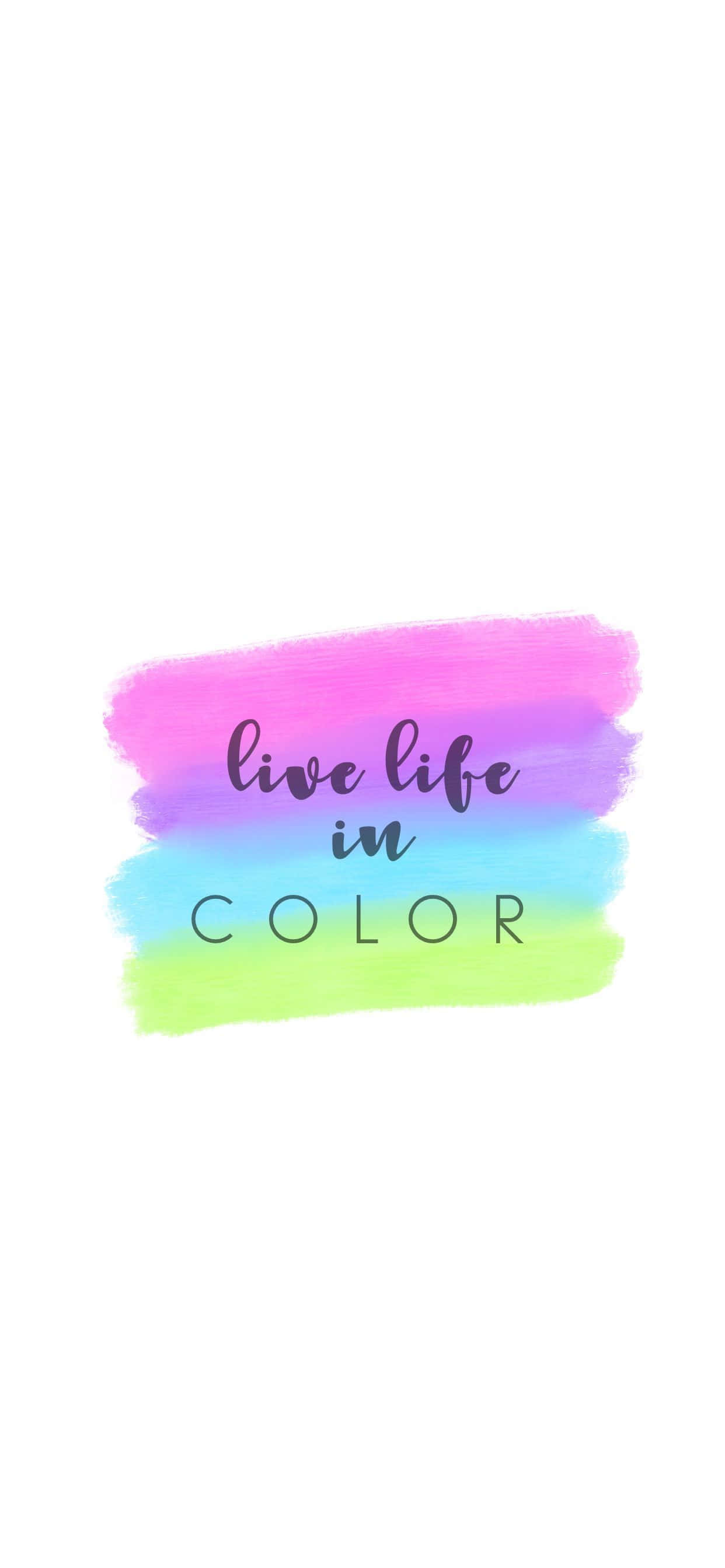 桌布 壁紙 — 粉紅、藍色和綠色的鮮豔水彩筆觸為短語 live life in color 形成了彩虹背景。